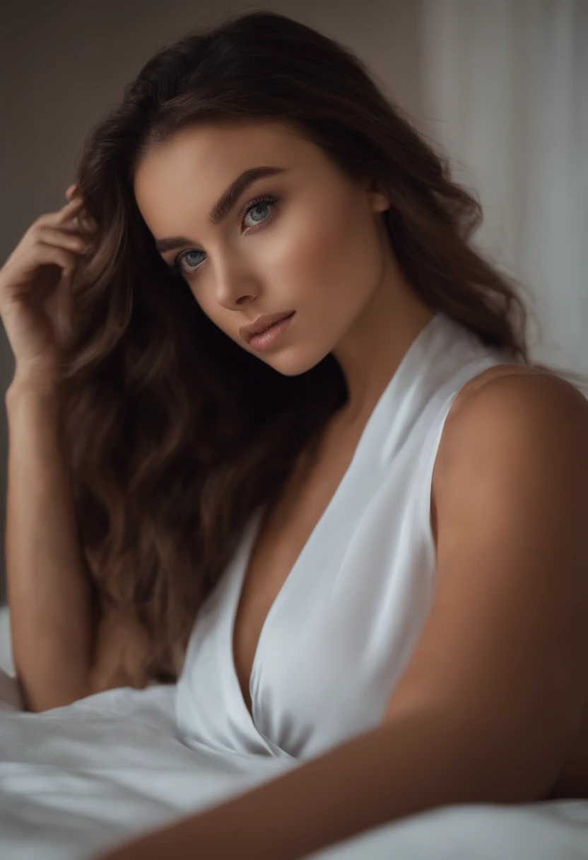 arafed woman fully , sexy girl with brown eyes, ultra realistic, meticulously detailed, portrait sophie mudd, brown hair and large eyes, selfie of a young woman, bedroom eyes, violet myers, without makeup, natural makeup, looking directly at the camera, face with artgram, subtle makeup, stunning full body shot kneeling on bed, in bedroom, medium to large size bust