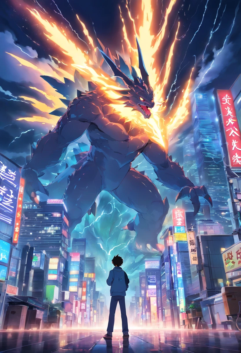 kaiju with thunder all around him. Shout. Tokyo in background at night