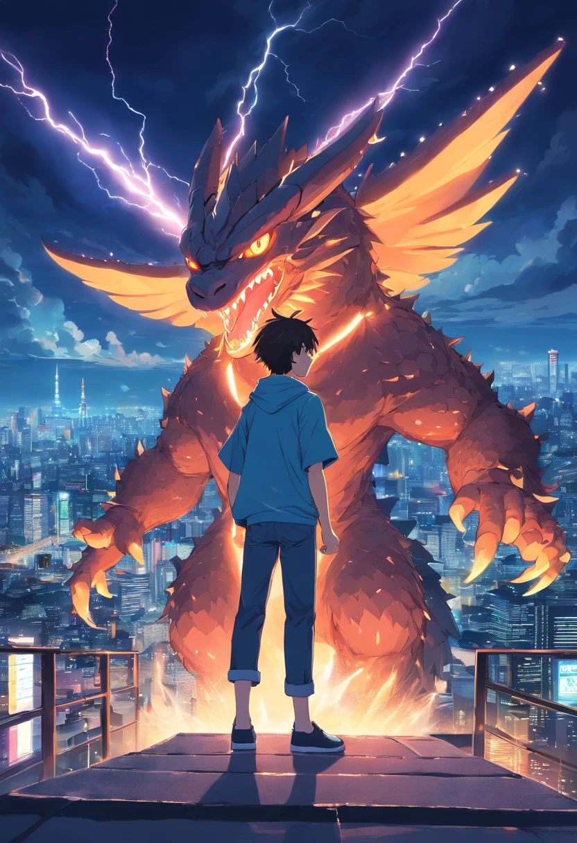 kaiju with thunder all around him. Shout. Tokyo in background at night