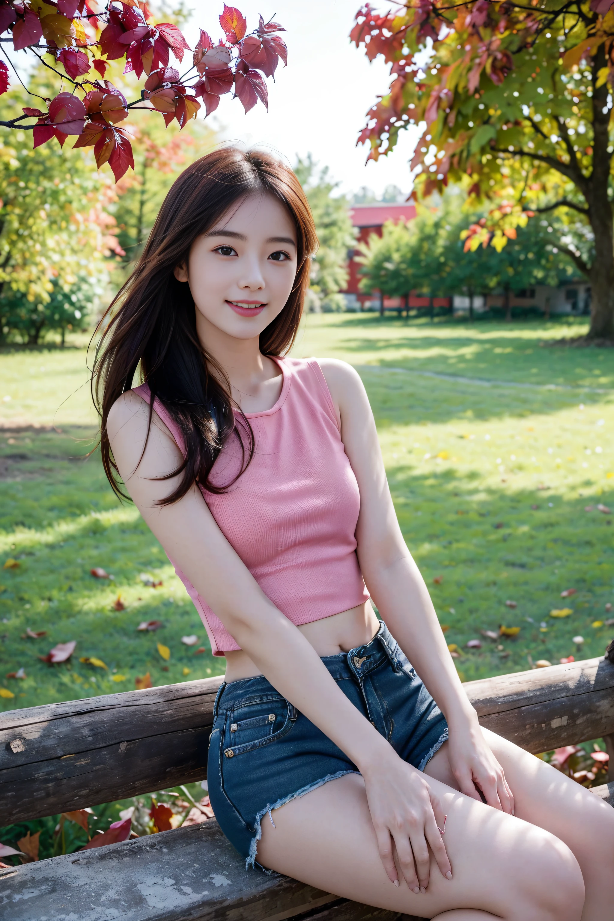 (Best quality, Complex details: 1.2,Realistic:1.2) ,A girl\(23 years old\),[Liu Yifei:0.9],(pink|red top bank:1.2),(Extra-short denim shorts)，(farmhouse:1.2),tree,Red leaves,autumn,long hair, smile,siting,(white skin:1.2),