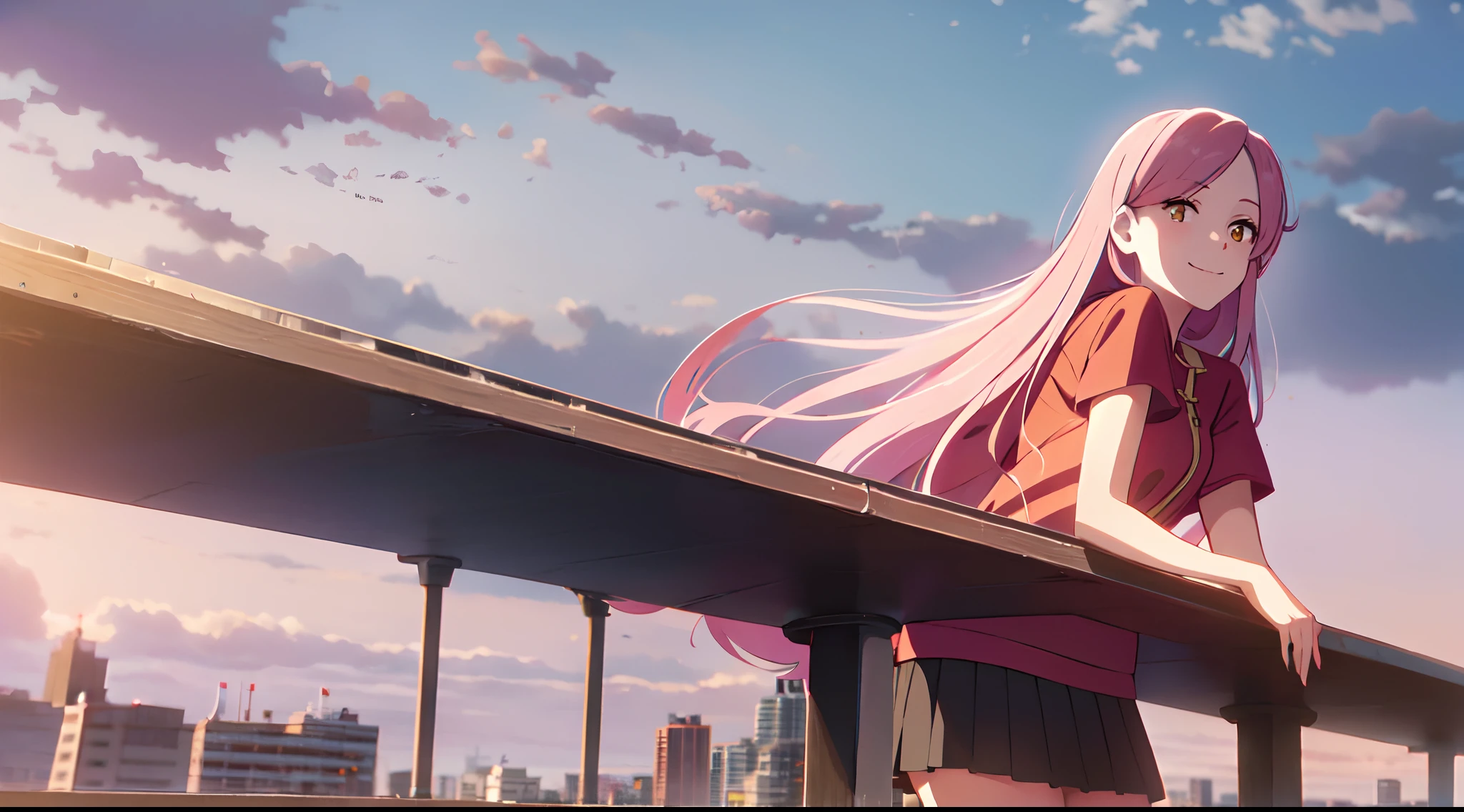 masterpiece, best quality, 1lady, solo, long pink hair, parted bangs, forehead, with yellow eyes, smiling, city, red shirt, short black skirt, outdoors, cloudy sky, close up