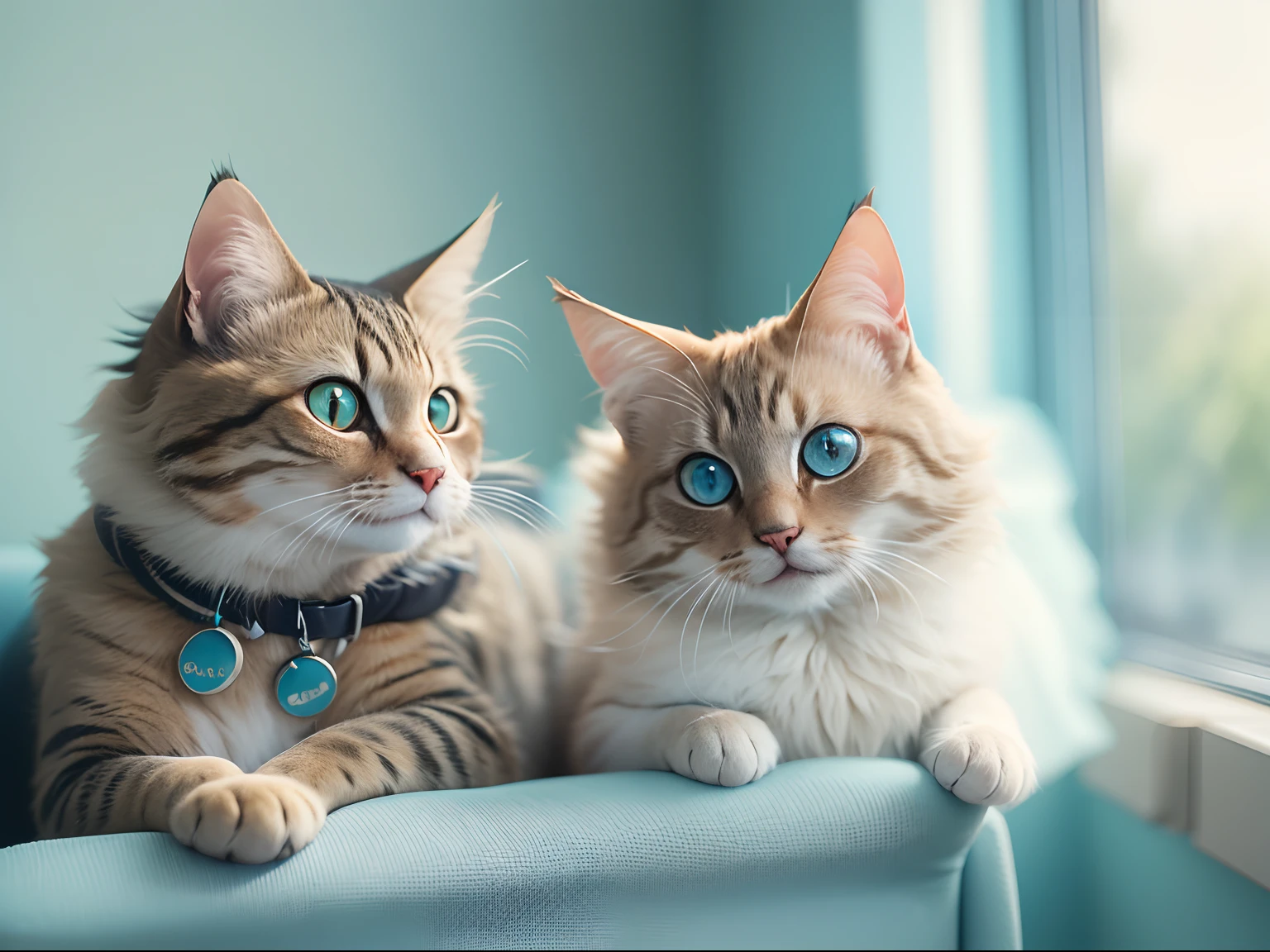 Two round-eyed cats taking photos while sitting on a chair, The background is light blue, Sunlight outside the window,