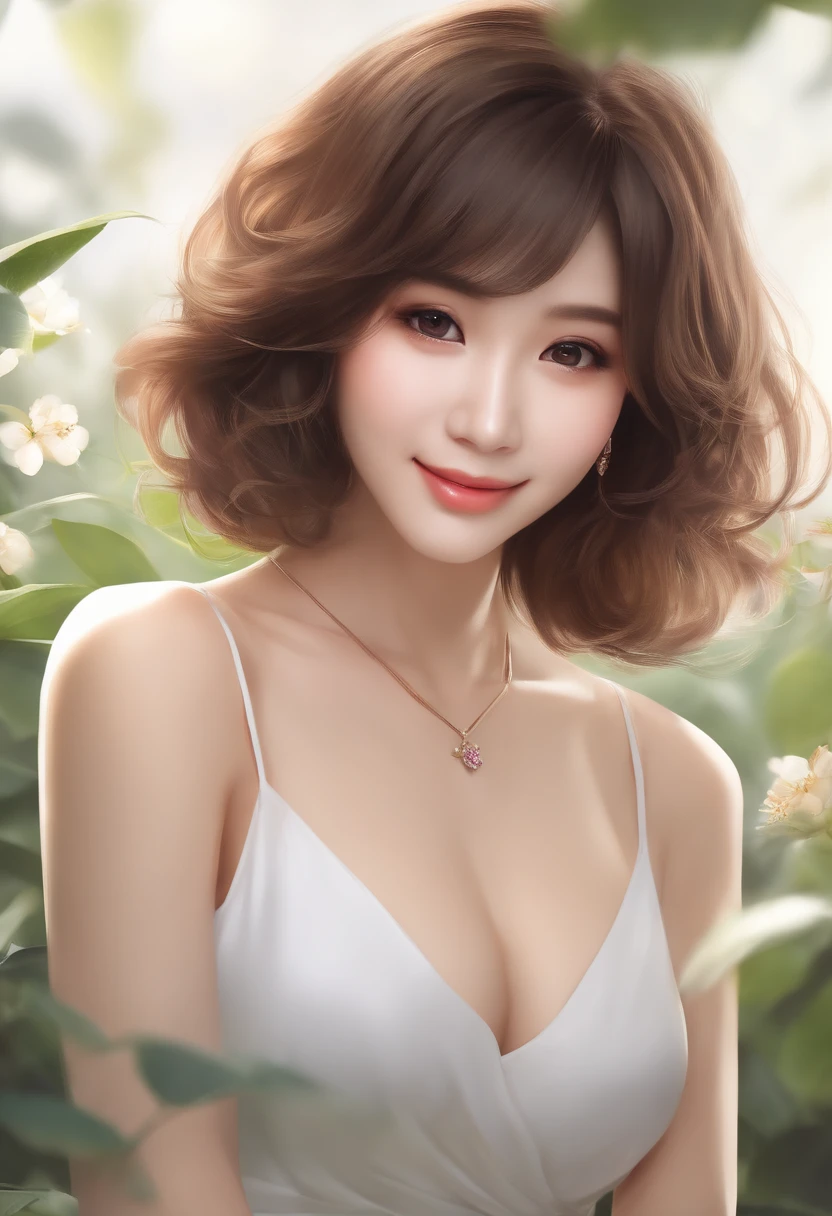 (Best quality, 8k, 32k, Masterpiece, UHD:1.3),Photo of Pretty Japanese woman, large breasts, very short bob hair,upper body,(tank top, short pants:1.1) ,necklace, healthy skin, simple background, (looking down:1.2),smile, touching breast, cleavage view, middle angle