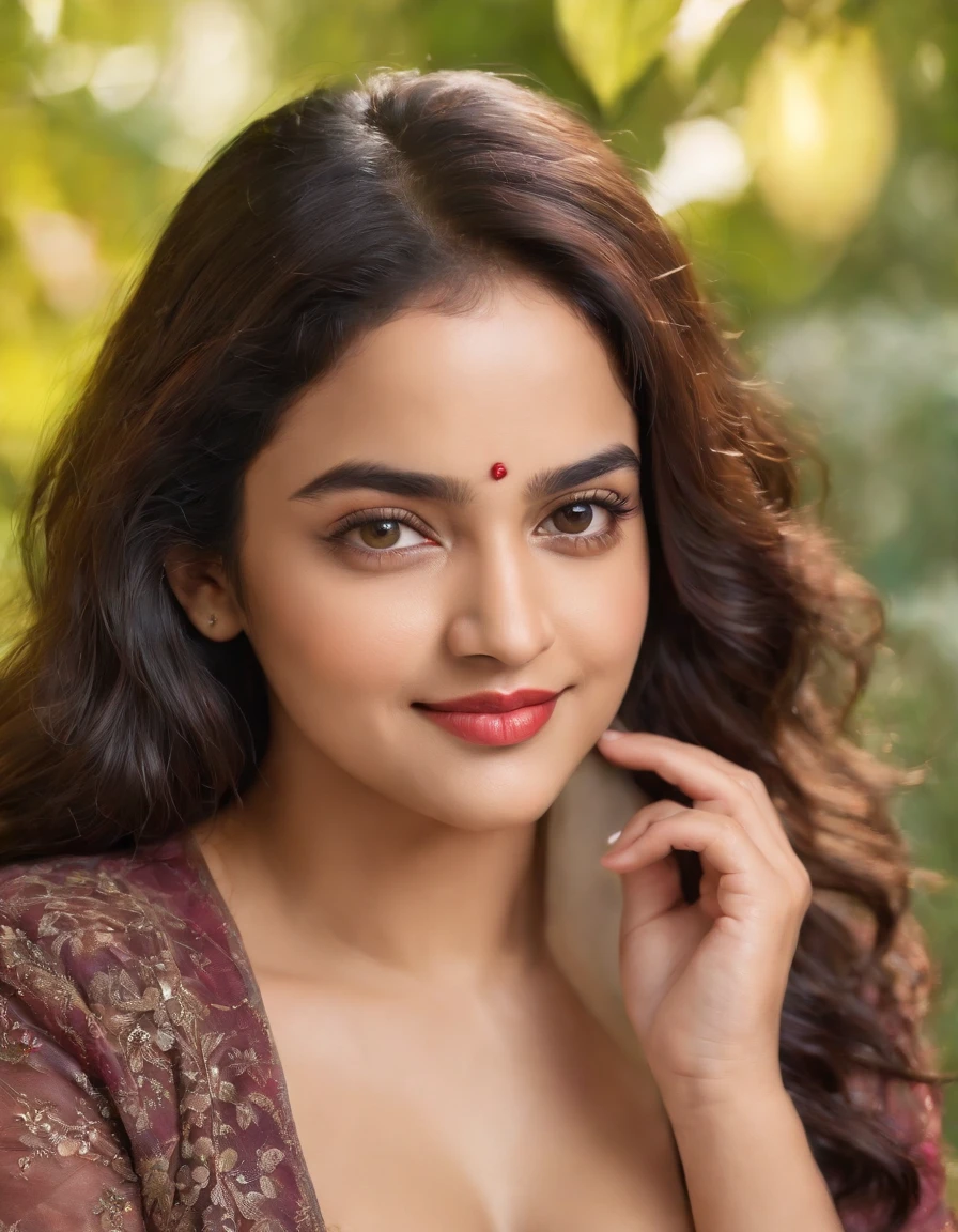 Nithya Menen,chubby,cute,huge-breasted,curvy body,beautiful detailed eyes,enchanting smile,playful laughter,charming personality,flowing hair,stylish outfit,feminine curves,dynamic poses,expressive gestures,lush garden background,colorful flowers,butterflies fluttering,faint sunlight filtering through trees,soft breeze rustling leaves,magical atmosphere,(oil painting,realistic:1.2),ultra-detailed,professional,portrait,rich texture,vibrant colors,warm color palette,soft lighting.
