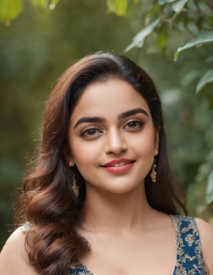 Nithya Menen,chubby,cute,huge-breasted,curvy body,beautiful detailed eyes,enchanting smile,playful laughter,charming personality,flowing hair,stylish outfit,feminine curves,dynamic poses,expressive gestures,lush garden background,colorful flowers,butterflies fluttering,faint sunlight filtering through trees,soft breeze rustling leaves,magical atmosphere,(oil painting,realistic:1.2),ultra-detailed,professional,portrait,rich texture,vibrant colors,warm color palette,soft lighting.