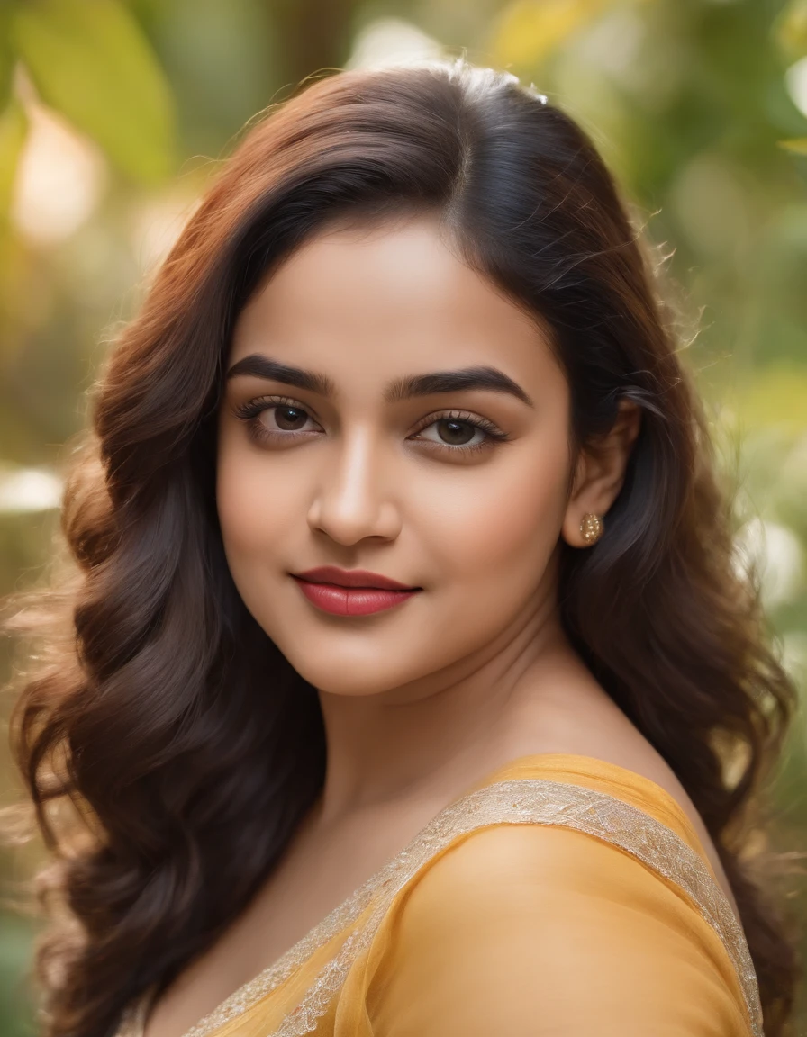 Nithya Menen,chubby,cute,huge-breasted,curvy body,beautiful detailed eyes,enchanting smile,playful laughter,charming personality,flowing hair,stylish outfit,feminine curves,dynamic poses,expressive gestures,lush garden background,colorful flowers,butterflies fluttering,faint sunlight filtering through trees,soft breeze rustling leaves,magical atmosphere,(oil painting,realistic:1.2),ultra-detailed,professional,portrait,rich texture,vibrant colors,warm color palette,soft lighting.