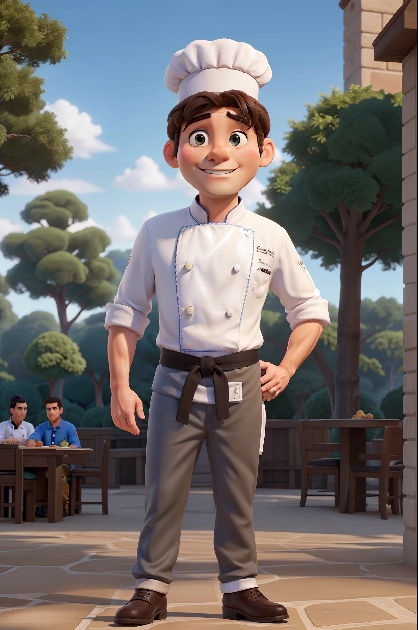 tmasterpiece,a melhor qualidade,Homen de quarenta anos,(((Chef hat))), roupa de chef de cozinha,Estilo Disney, Standing in the park,Muitos detalhes no rosto