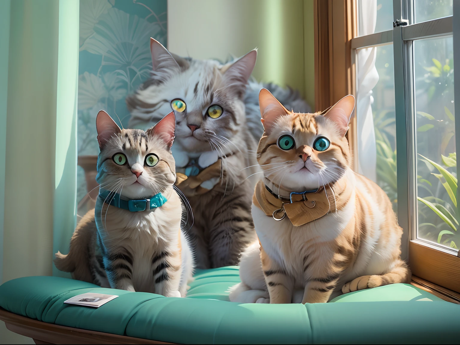 Two round-eyed cats taking photos while sitting on a chair, The background is light blue, a plant, Sunlight outside the window,