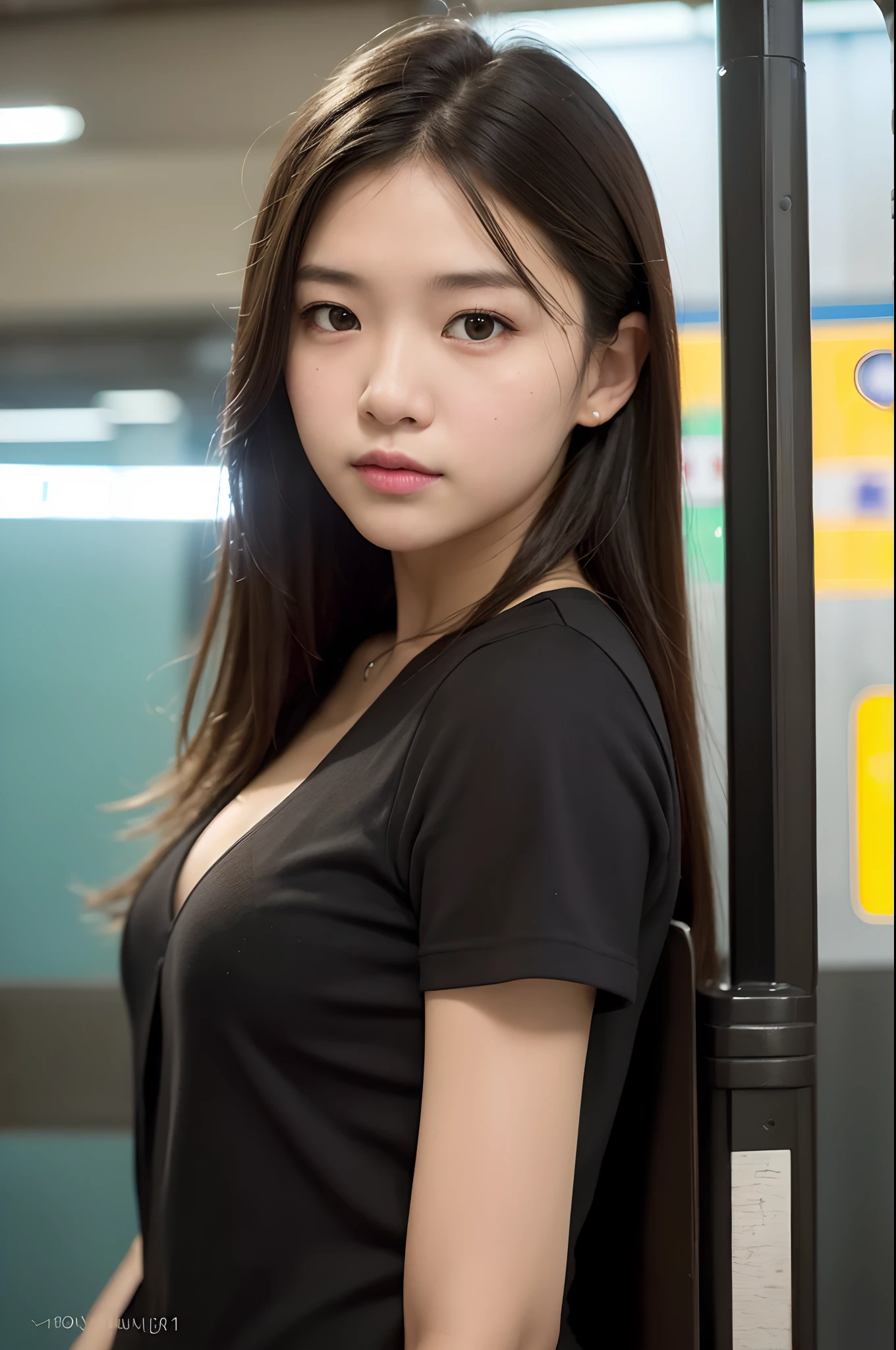 (photorealistic:1.3), vignetting, depth of field, masterpiece, Super Detail, High quality, award winning, girl, solo, in the station of subway, portrait style, close up, in NY, fluorescent light