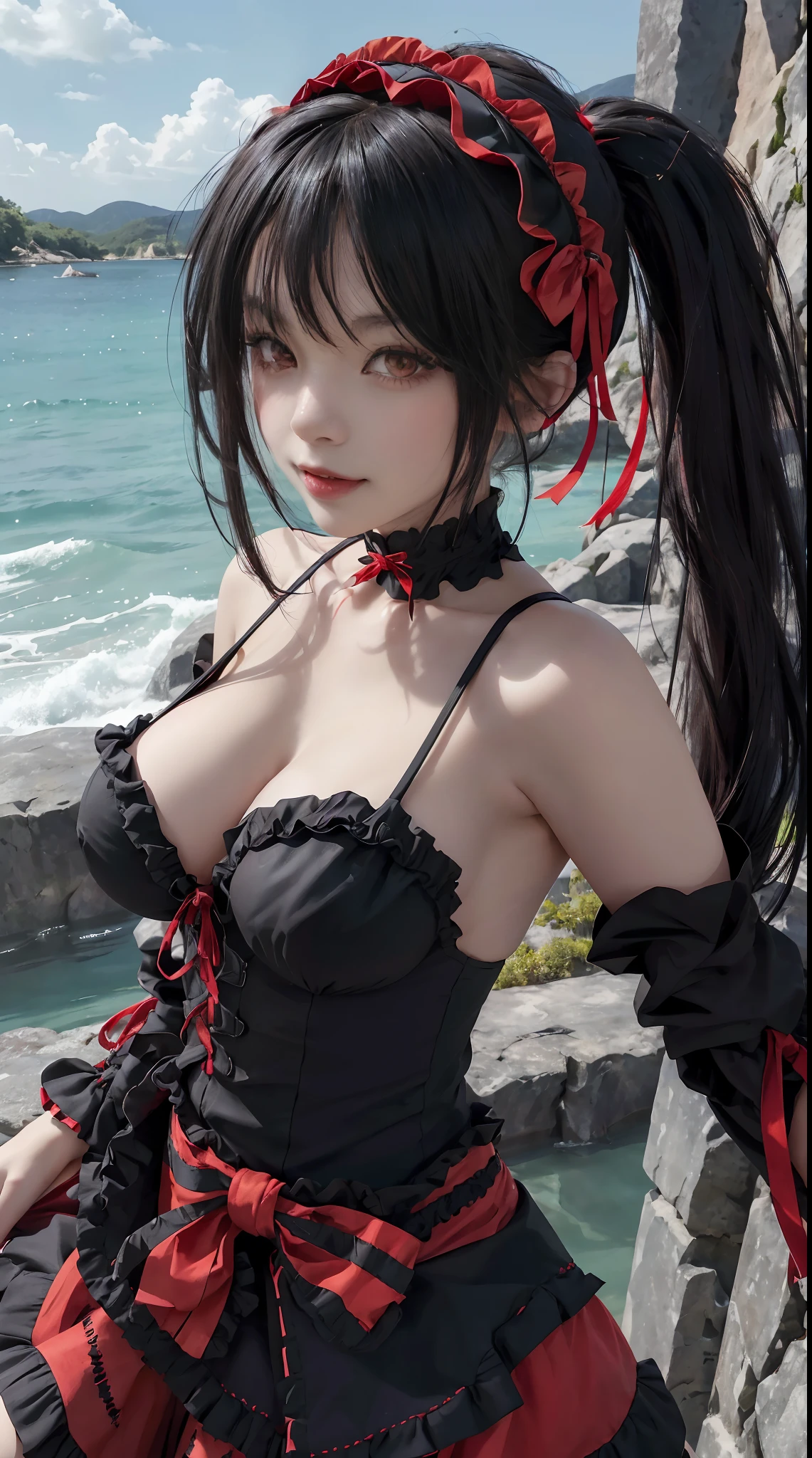 (Close up), masterpiece, best quality, highres, aakurumi, medium boobs, 1girl, long hair, twintails, hairband, heterochromia, medium breasts, cleavage, black choker, red ribbon, bare shoulders, gothic, red dress, red bow, detached sleeves, red skirt, outdoors, skirt hold, smile, (8k,hd)
