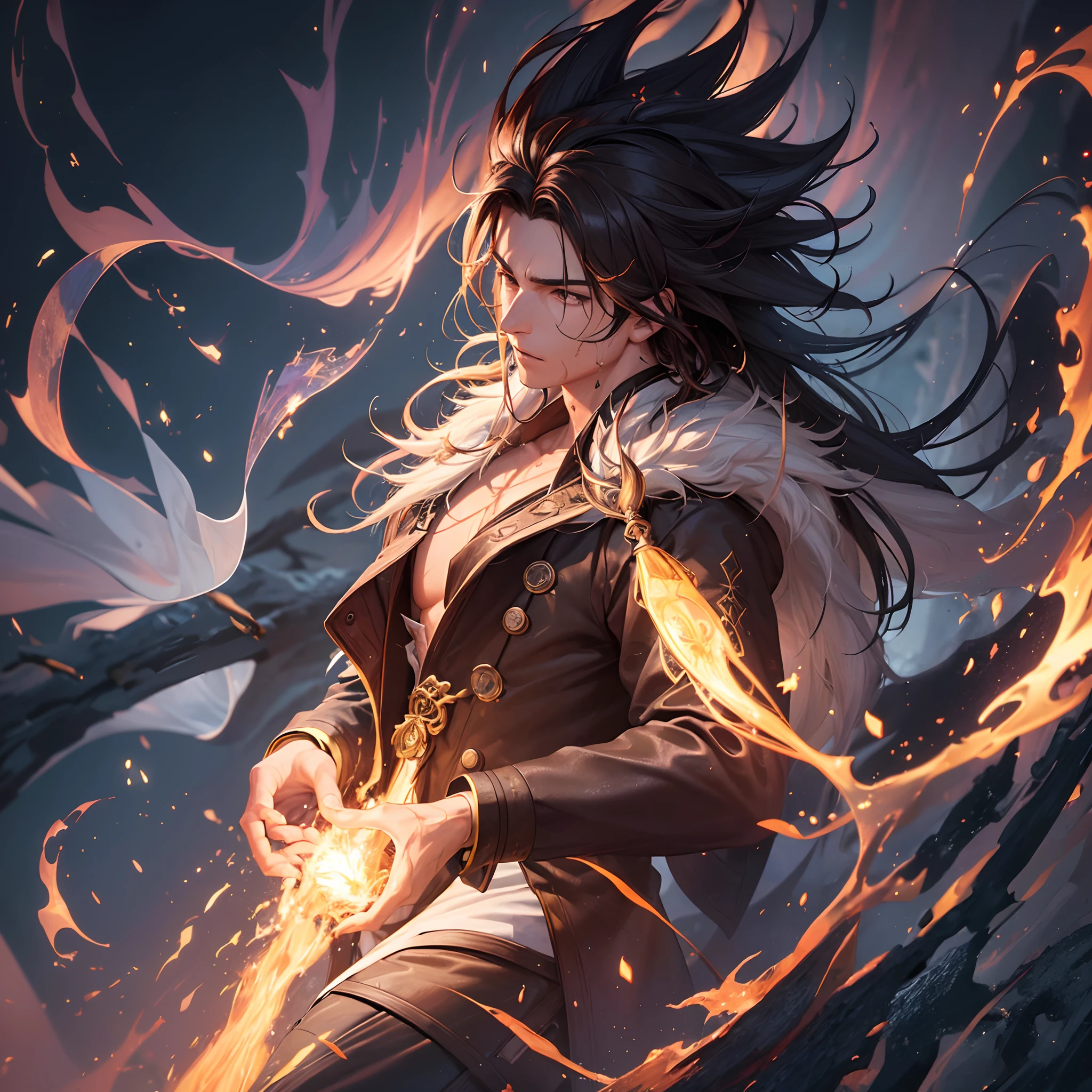 A ((male)) wizard (controls) Fire, Fire ((magic)), casting spell, Fire jets, dynamic pose, award-winning photography, complex, detailed, stunning, hair texture, wet hair (wet hair), hanging), model style ( highly detailed CG wallpaper Unity 8k), handsome, smooth skin