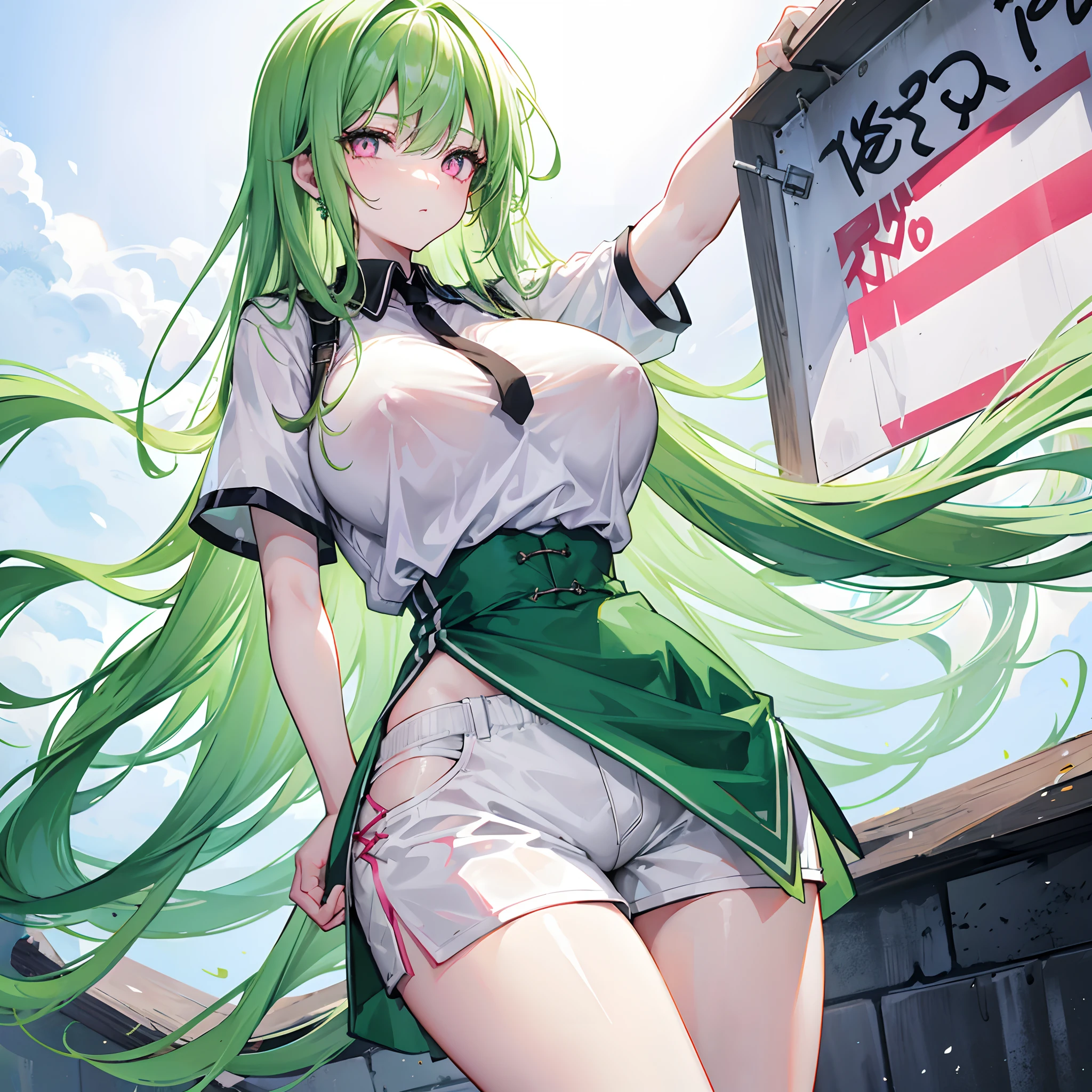 Long green hair radiates to the waist，Pink eyes，Loving pupils，girl，huge tit，White sports shorts，white short sleeve，Clothes drenched in sweat，Stand a word horse，