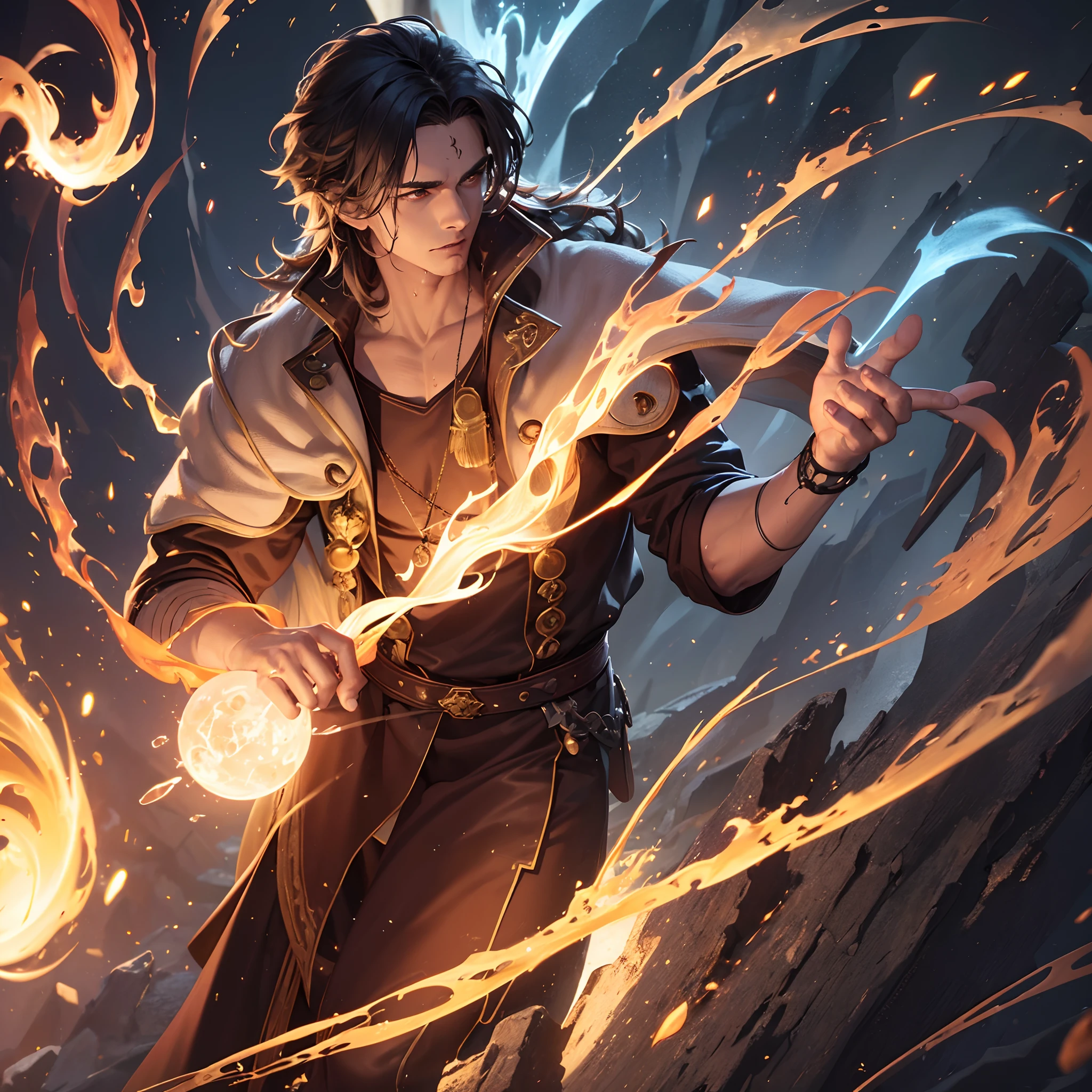 A ((male)) wizard (controls) Fire, Fire ((magic)), casting spell, Fire jets, dynamic pose, award-winning photography, complex, detailed, stunning, hair texture, wet hair (wet hair), hanging), model style ( highly detailed CG wallpaper Unity 8k), handsome, smooth skin