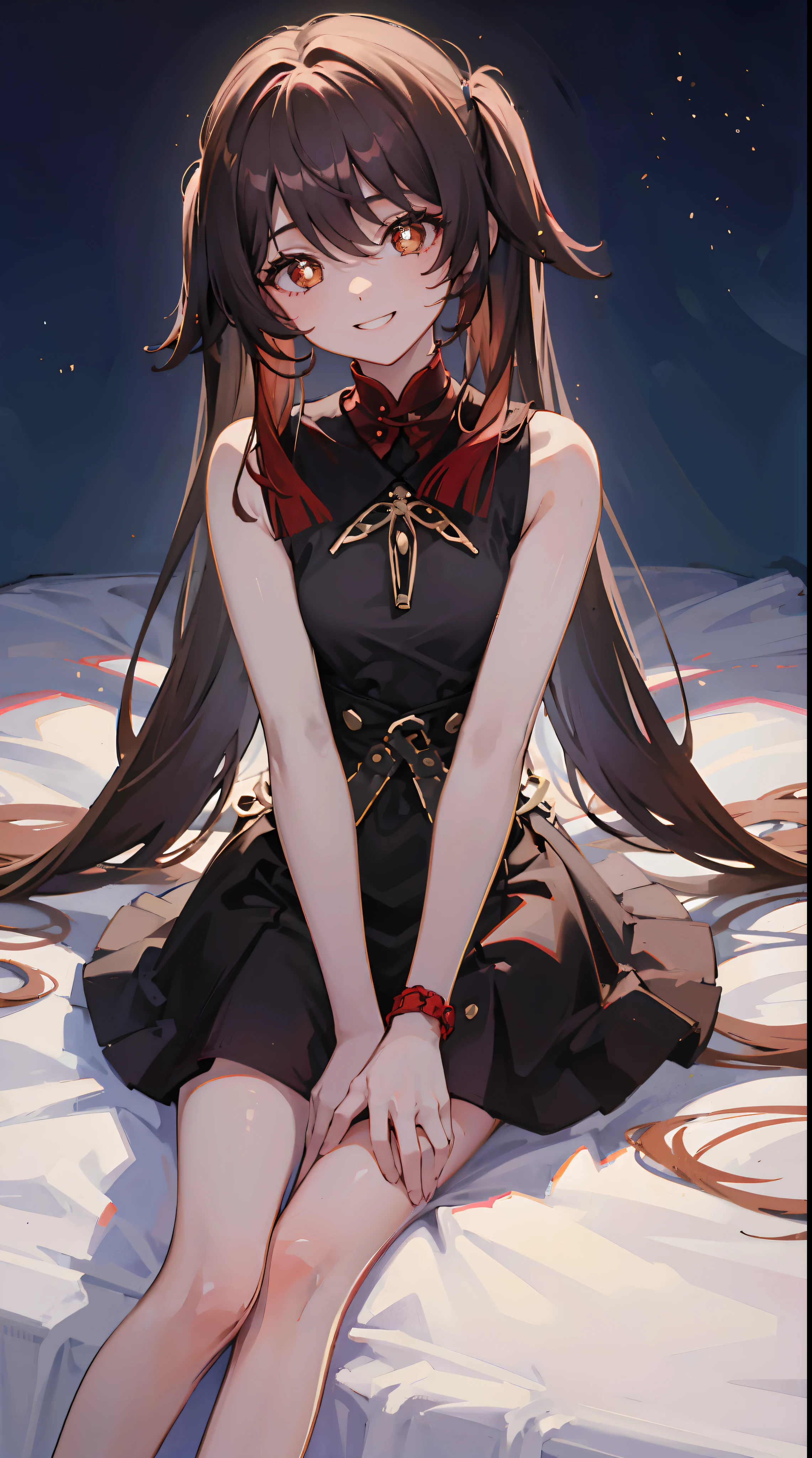 1 girl Sitting on the bed, playing the guitar, smiling,