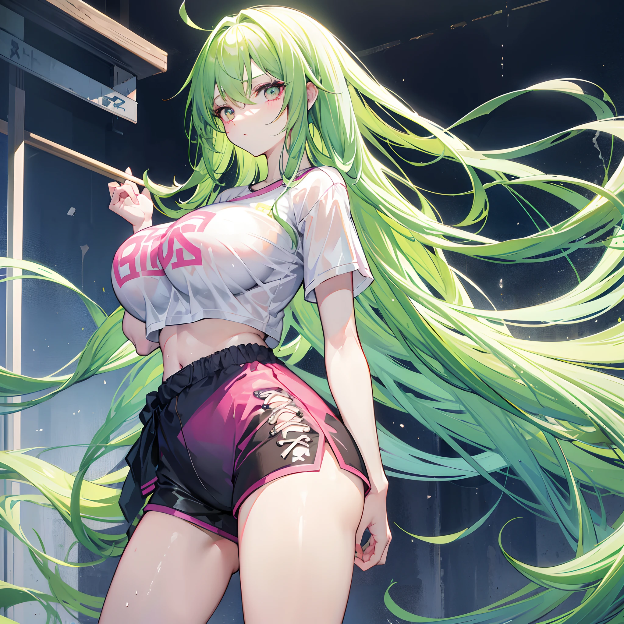 Long green hair radiates to the waist，Pink eyes，Loving pupils，girl，huge tit，White sports shorts，white short sleeve，Clothes drenched in sweat，Stand a word horse，