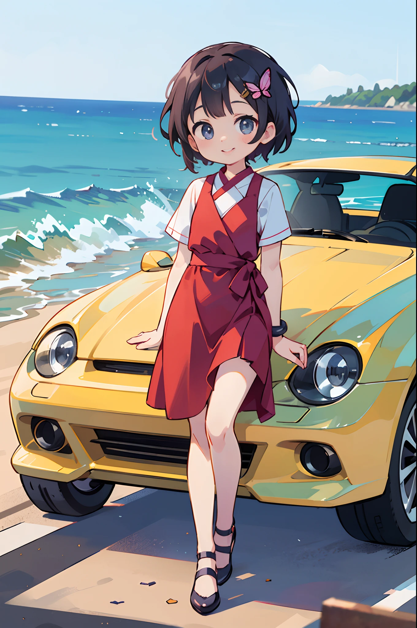 Octane Render、(Hyper-detailing: 1.15)、(Soft light、sharp: 1.2)、morning、Little girl posing in front of EV in parking lot near beach, Accessories for shoes、butterfly hair ornament、 Fuji Film, F/4.0, masutepiece, Anatomically correct、A smile, radiant light