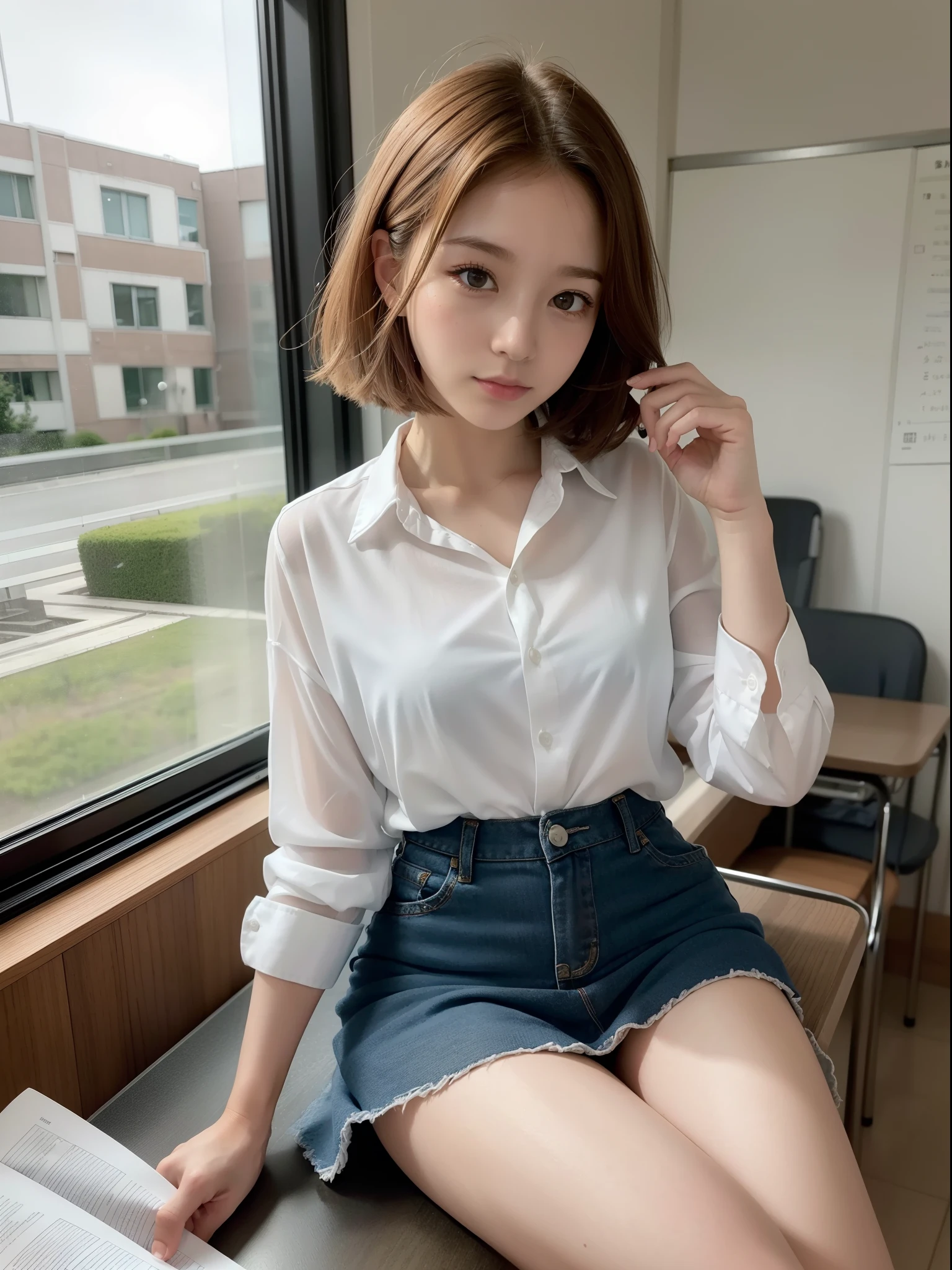 ((of the highest quality, 8K, masutepiece: 1.3, Raw photo)), Sharp Focus: 1.2, (1 AESPA Girl :1.1), Solo, (Realistic, Photorealistic: 1.37), (Face Focus: 1.1), Cute face, hyperdetailed face, short messy hair, small breasts, nude, (chiffon shirt, skirtlift: 1.3), classroom, books, thigh