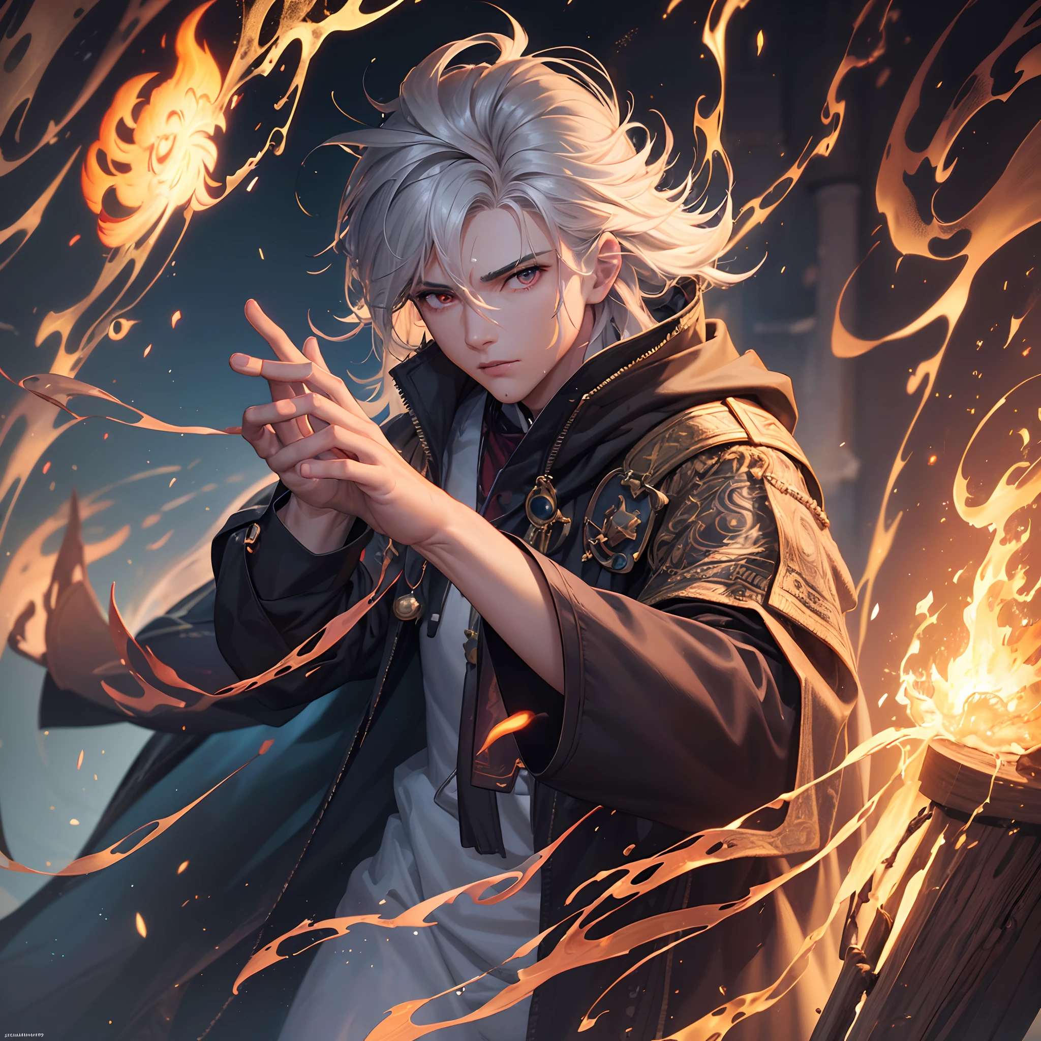 A ((male)) wizard (controls) Fire, Fire ((magic)), casting spell, Fire jets, dynamic pose, award-winning photography, complex, detailed, stunning, hair texture, wet hair (wet hair), hanging), model style ( highly detailed CG wallpaper Unity 8k), handsome, smooth skin