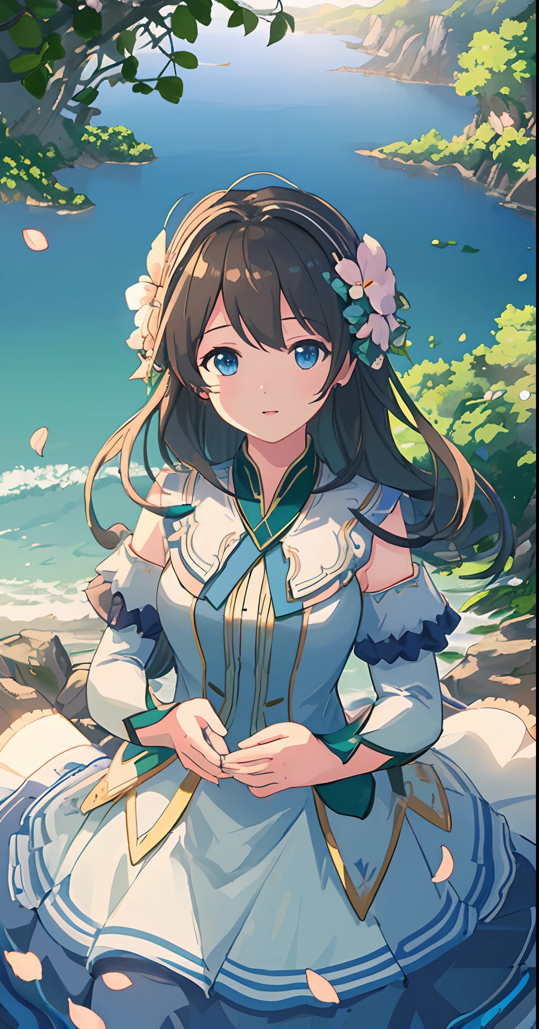 Masterpiece, best quality, (very detailed CG unity 8k wallpaper) (best quality), (best illustration), (best shadows) Nature', blue sea,delicate leaves petals of various colors falling in the air light Tracking, super detailed --v6