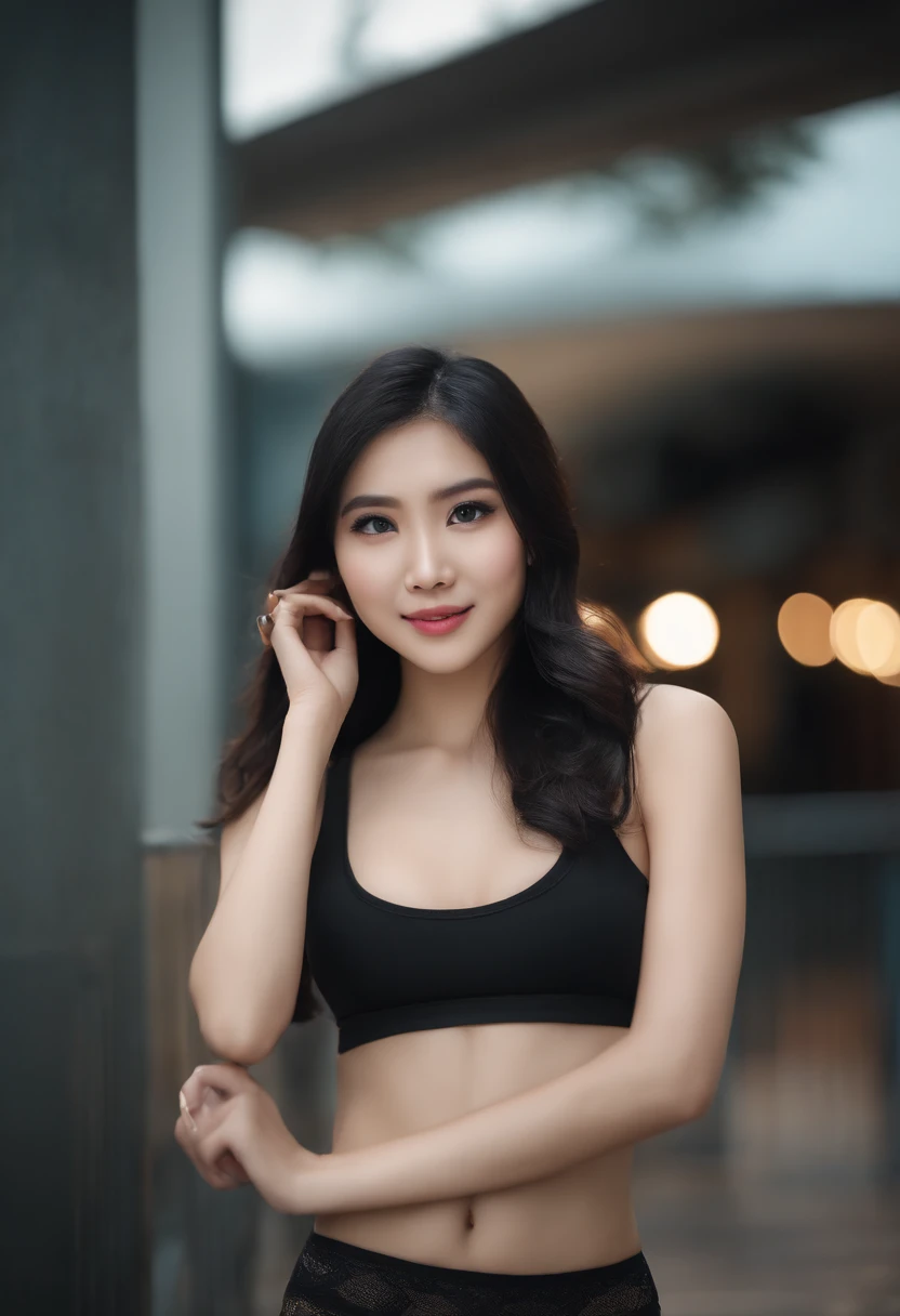 Malaysian Woman with matching tank top and panties, Sexy girl with blue eyes, portrait Miko Wong, portrait Qiu Wen, black hair and large eyes, , ohne Make-up, Natural makeup, Blick direkt in die Kamera, Gesicht mit Artgram, dezentes Make-up, Stunning full body shot, Kuala Lumpur, Malaysia.