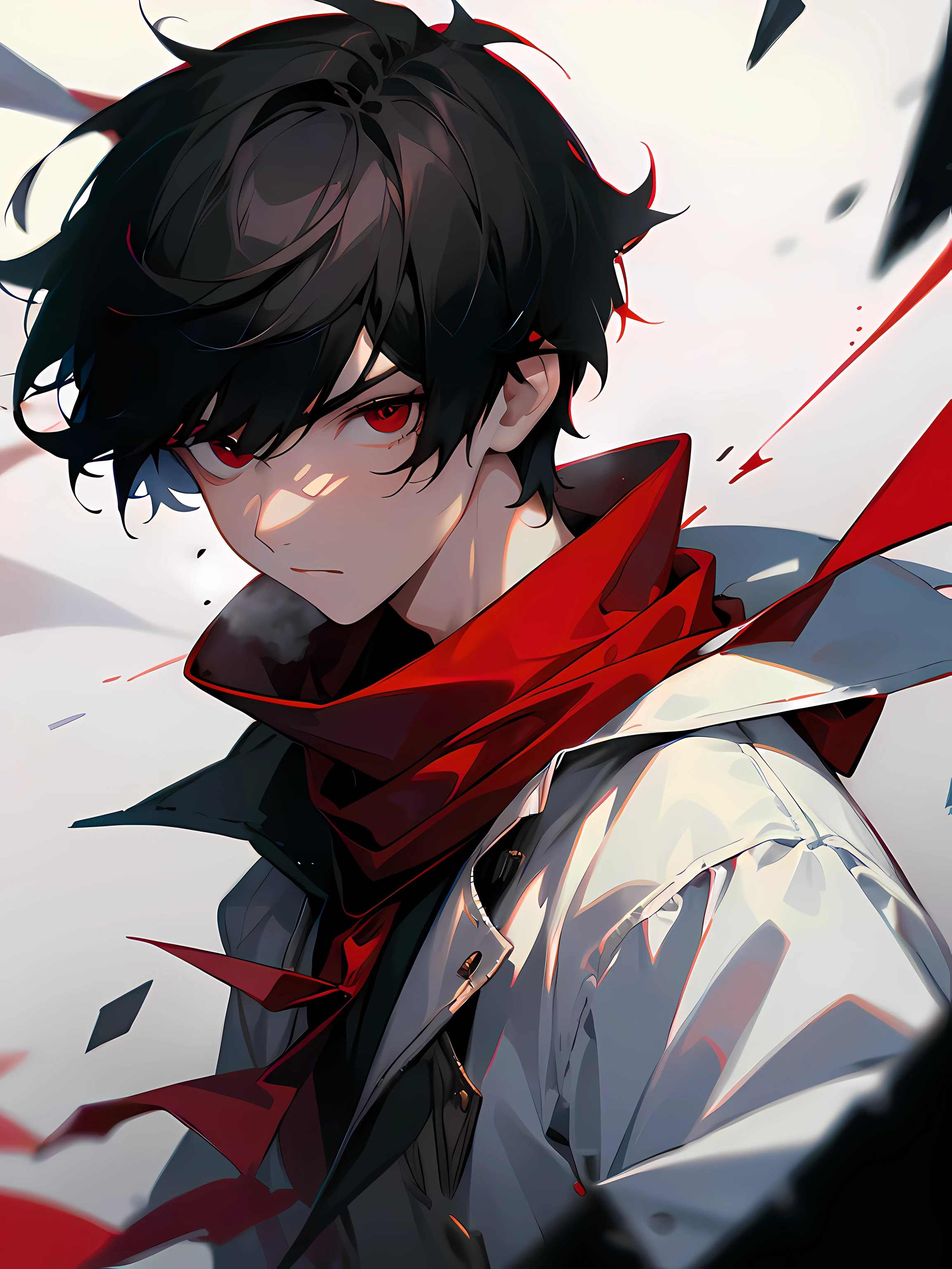 1boy, short black hair, red eyes, wearing a white jacket, wearing a red ribbon as a scarf, serious, surrounded by shattered glass, close up face camera shot, looking at viewer, absurdres, high res, ultrasharp, 8k, masterpiece