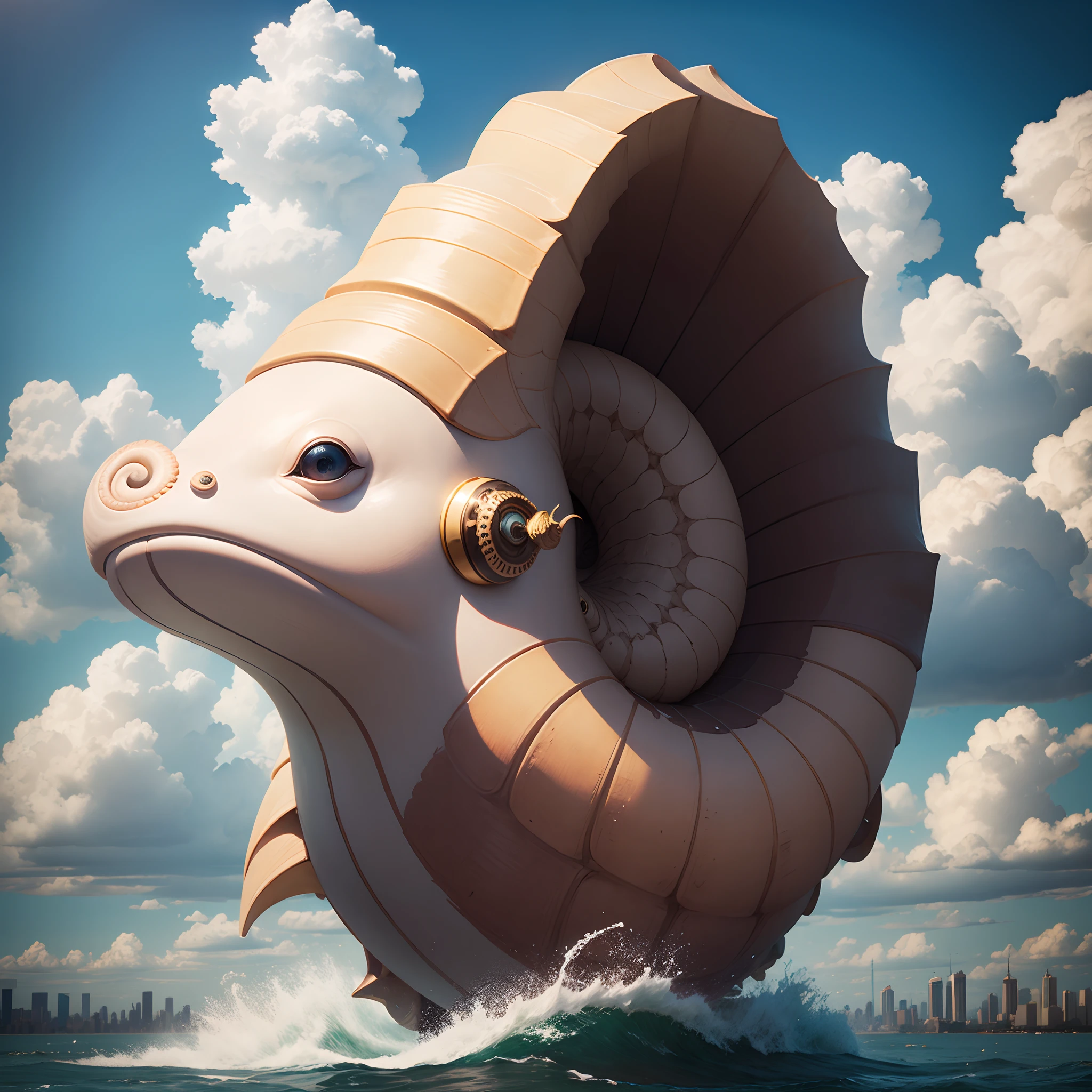 A giant nautilus floats in the sky above New York city