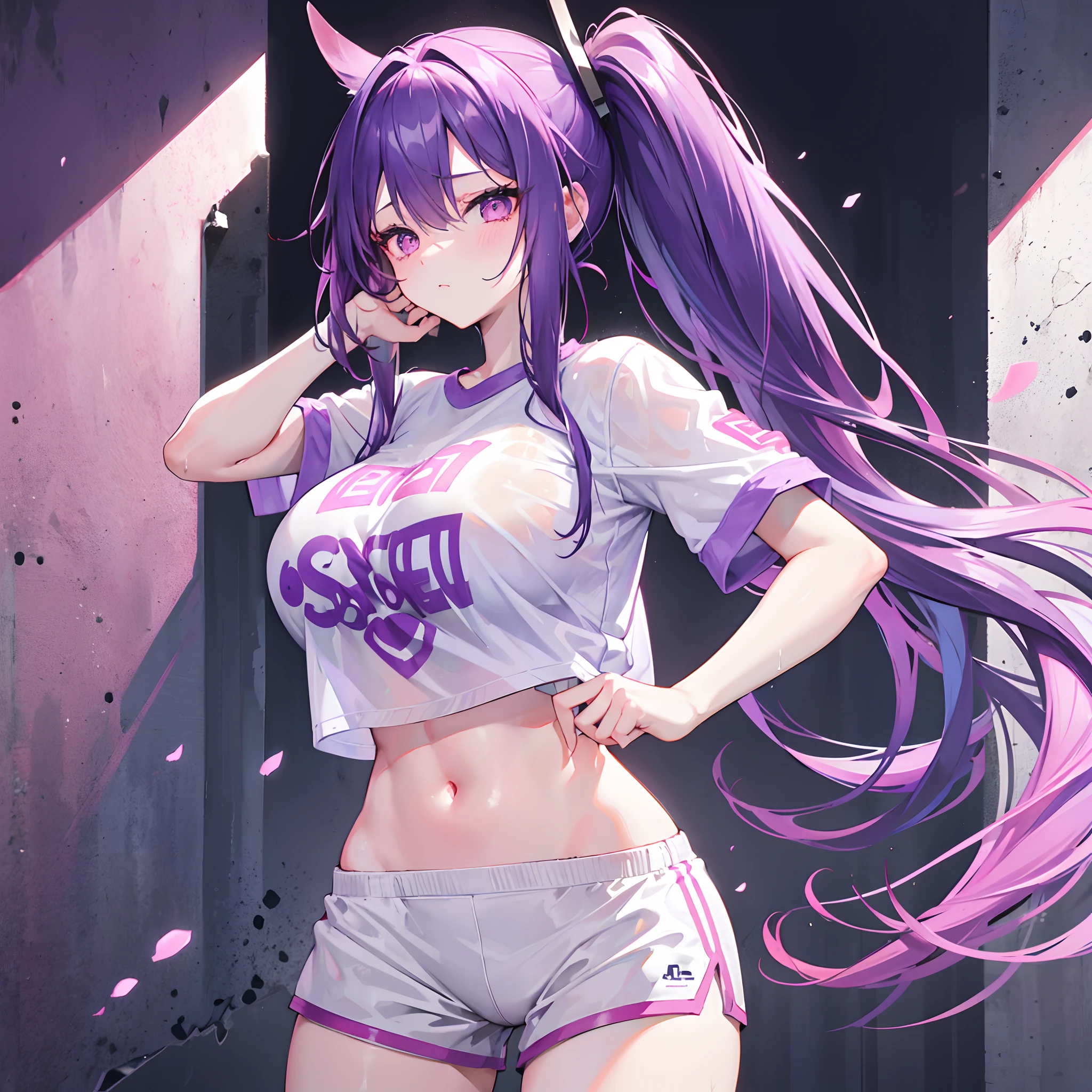 Long purple hair with double ponytail，Pink eyes，Loving pupils，girl，huge tit，White sports shorts，white short sleeve，Clothes drenched in sweat，Stand a word horse，