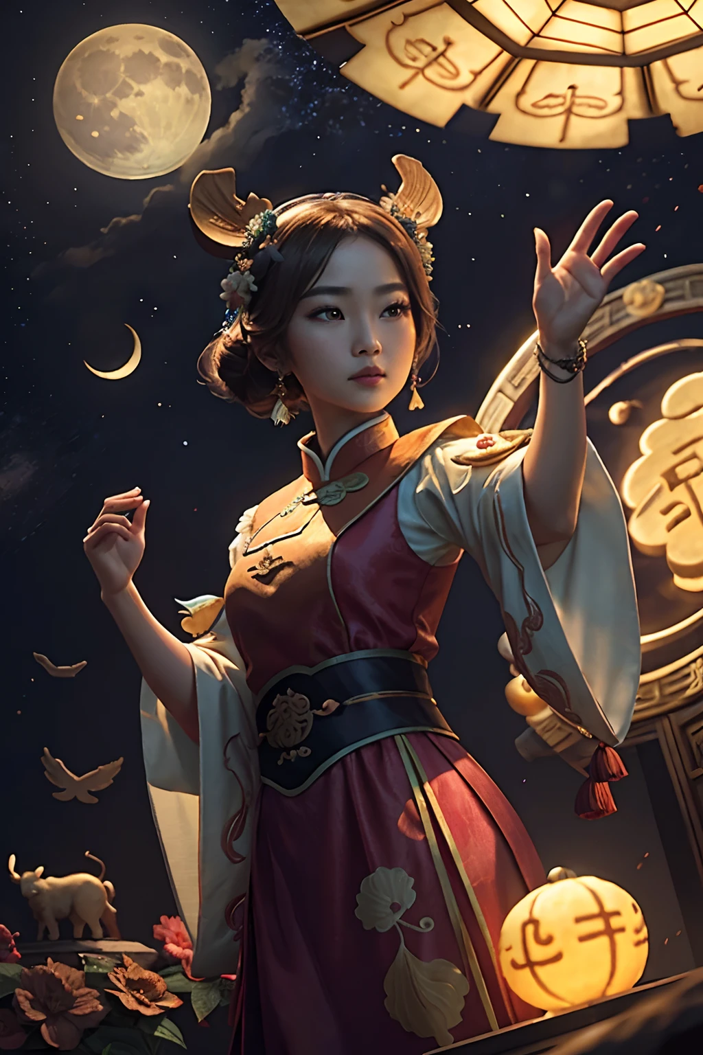 Solo,Mid-Autumn Festival ，Jade Rabbit Chang'e，jubilation，Moon cake，nigh sky，fine art photography，(Movie Angle: 1.2),(Best quality, Detailed details, Masterpiece, offcial art, movie light effect, 4K)