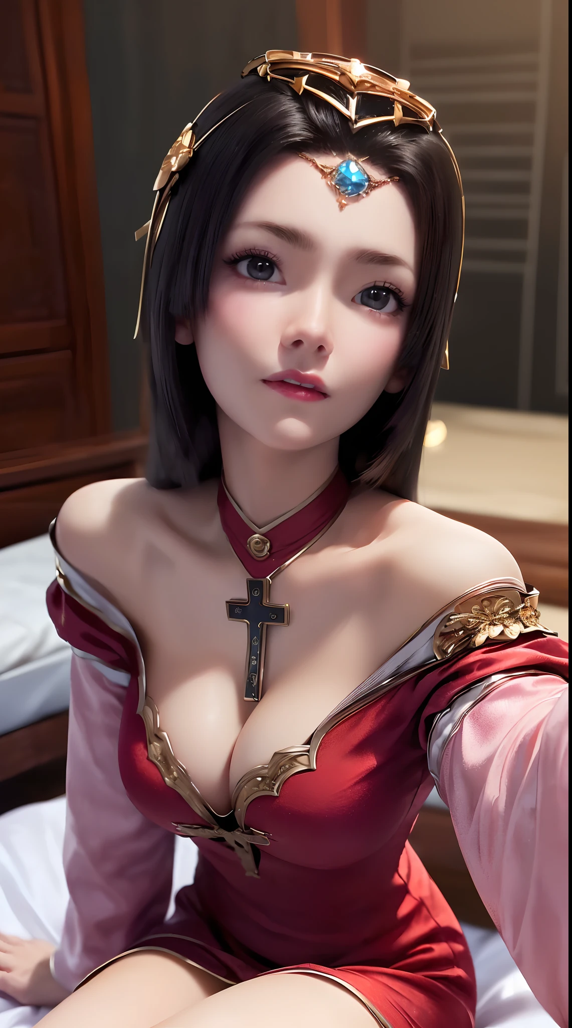 1 extremely beautiful princess, ((wearing a super thin and sexy red short nightgown:1.8)), ((Sexy nightgown with cleavage revealing:1.6)), sexy red lace short nightgown, sexy nightgown style, long shiny black hair, the most beautiful and detailed hair jewelry, beautiful little face thin eyebrows, the most beautiful and spotless face, ((black iris:0.8)), the very beautiful eyes, big round eyes, ((Brown eyes:1.1)), fine and detailed makeup eyelashes, high nose, wearing earrings, small red lips, rosy face, clean face, beautiful face without blemish, smooth white skin, ((big breasts: 0.9)), Blums boobs, ((big and super round breasts:0.9)), ((super tight breasts:1.2)), ((breast augmentation: 0.8)), beautiful breasts, slim and petite body, ((thin waist: 0.9)), upper body of a beautiful girl, sexy girl, ((Sexy position of crawling on the bed:1.6)), ((cross-legged sitting position on the bed:1.7)), ((legs extended to the sides: 1.6)), unashamed, ((chubby body:1.6)), facing the viewer, 8k photo, super high quality, super realistic, 10x super pixels, photo realistic, dark studio, border light, two tone light, (detailed skin high: 1.2), 8k uhd, dslr, soft light, high quality, volumetric light, candid, Photo, high resolution, light, best photo, 4k quality, 8k, Bokeh, Smooth and sharp, pixel up 10 times, lightning, super graphics, the most realistic graphics, (((Luxurious bedroom and bed background: 1.6))), there is only 1 girl, alone, solo, ((frontal portrait:1.5)), Extremely sharp, super realistic images."