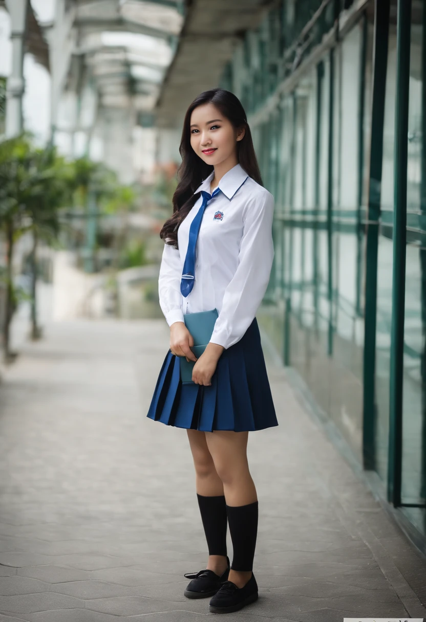 Malaysian schoolgirl in Malaysian high school uniform, Sexy girl with blue eyes, portrait Miko Wong, portrait Qiu Wen, black hair and large eyes, , ohne Make-up, Natural makeup, Blick direkt in die Kamera, Gesicht mit Artgram, dezentes Make-up, Stunning full body shot, Kuala Lumpur, Malaysia.