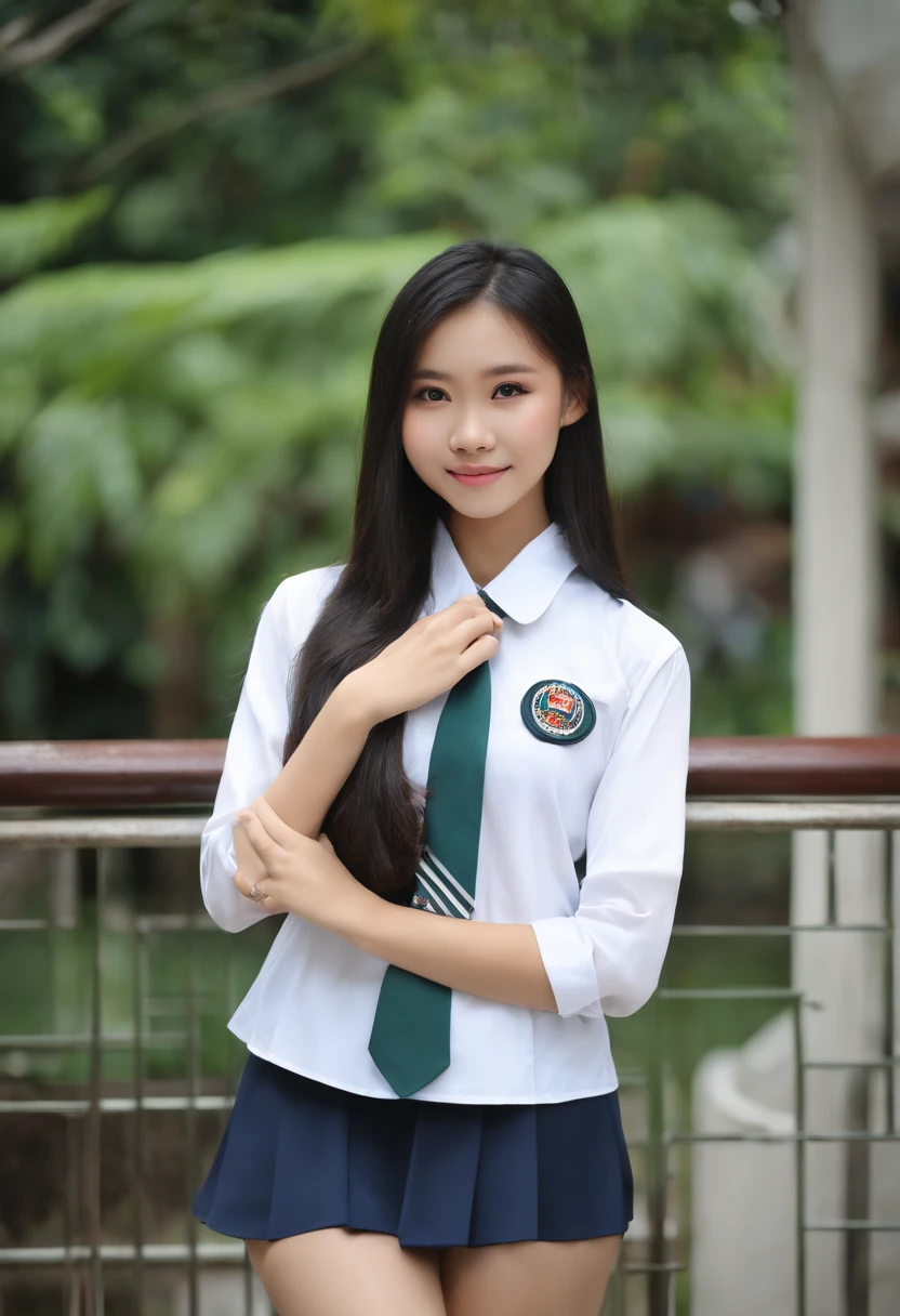Malaysian girl in Malaysian high school uniform, Sexy girl with blue eyes, portrait Miko Wong, portrait Qiu Wen, black hair and large eyes, , ohne Make-up, Natural makeup, Blick direkt in die Kamera, Gesicht mit Artgram, dezentes Make-up, Stunning full body shot, Kuala Lumpur, Malaysia.