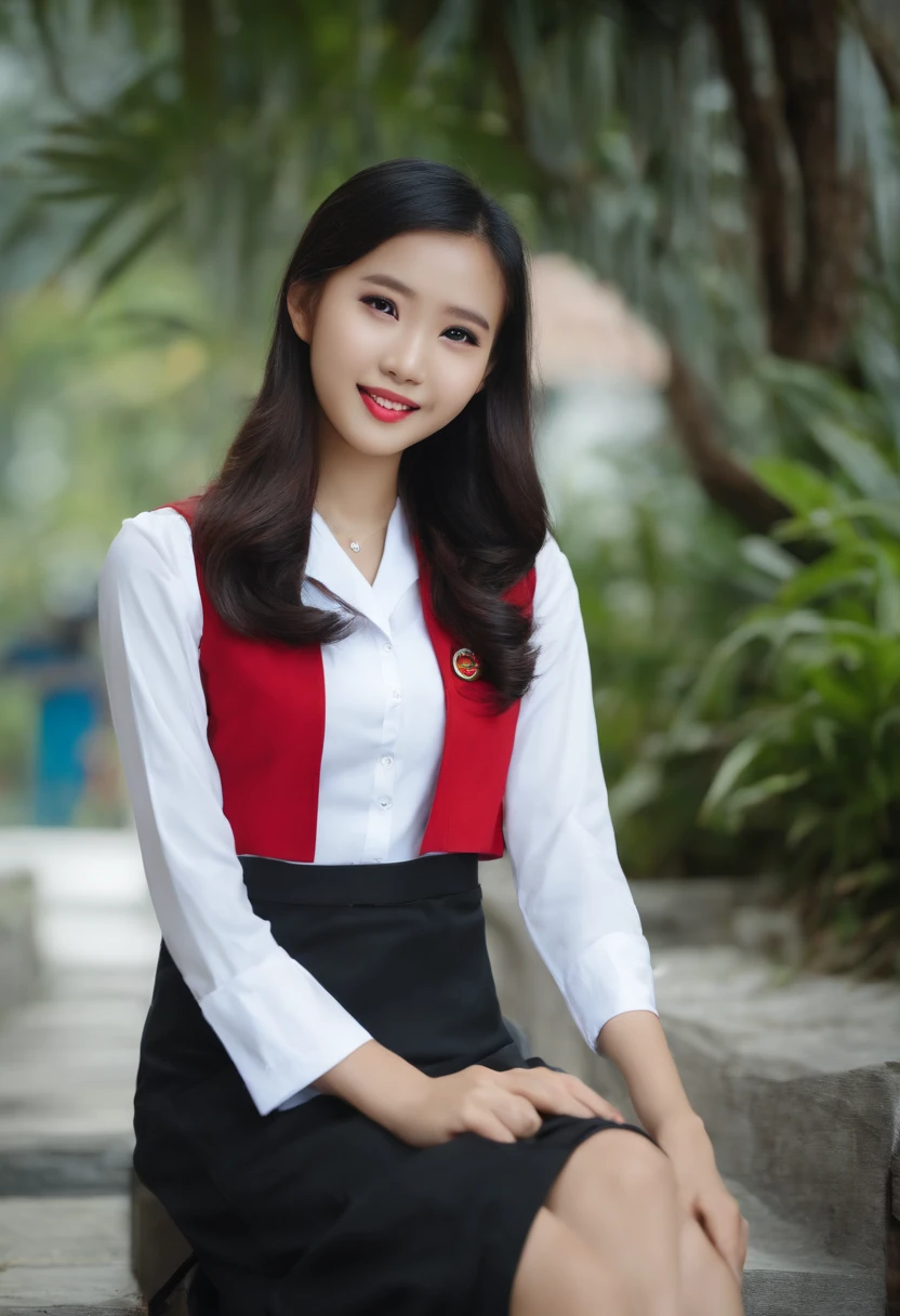 Malaysian schoolgirl in Malaysian high school uniform, Sexy girl with blue eyes, portrait Miko Wong, portrait Qiu Wen, black hair and large eyes, , ohne Make-up, Natural makeup, Blick direkt in die Kamera, Gesicht mit Artgram, dezentes Make-up, Stunning full body shot, Kuala Lumpur, Malaysia.