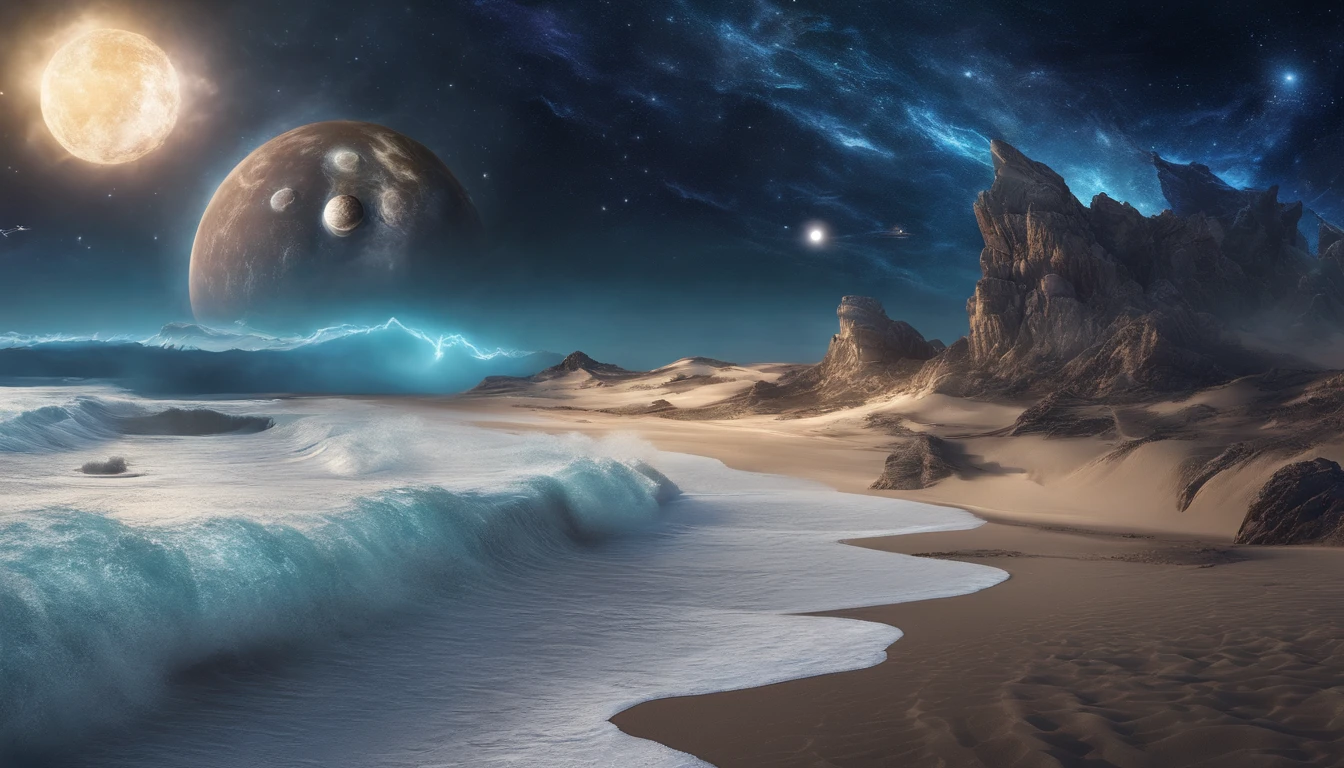 huge planet, the night, starrysky, surrealism, masutepiece, hight resolution、Impressive Milky Way:1.9、sand beach、Vast blue ocean、Blue glacier、lightning bolt:1.9、Protoplanets