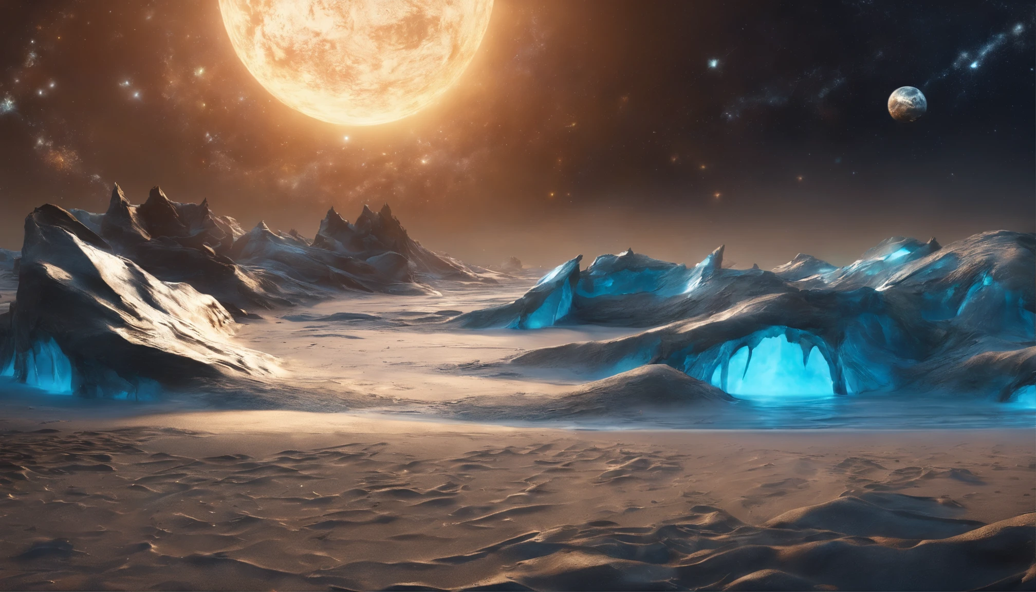 huge planet, the night, starrysky, surrealism, masutepiece, hight resolution、Impressive Milky Way:1.9、sand beach、Vast blue ocean、Blue glacier、lightning bolt:1.9、Protoplanets