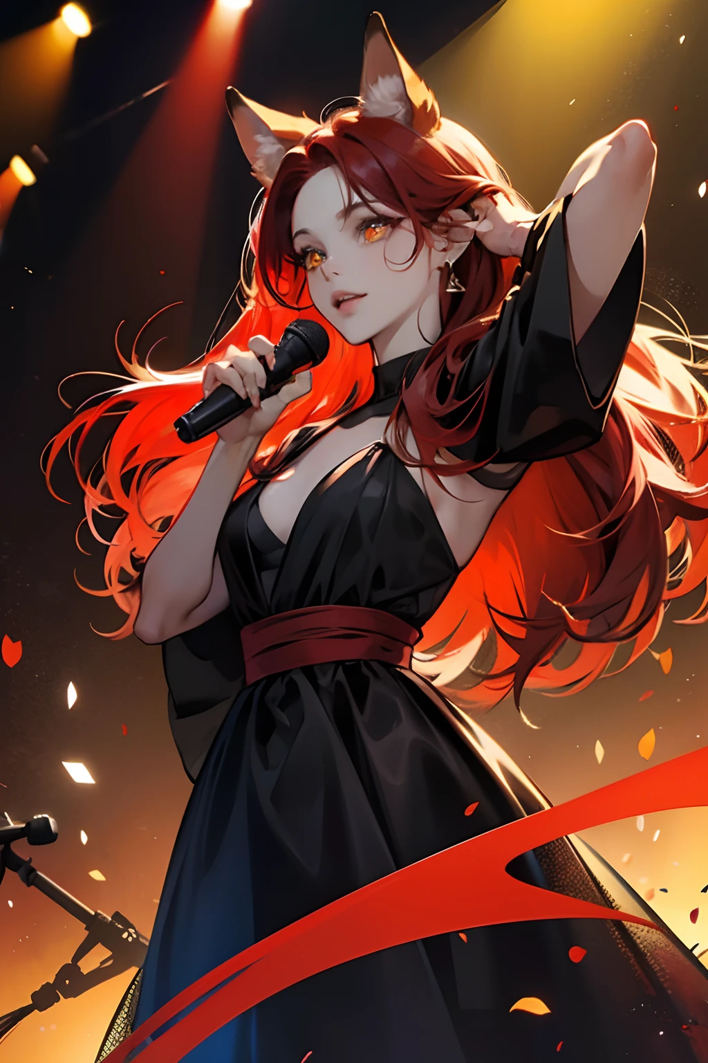 red tinted hair,Red fox ears,Golden eyes,Gorgeous black dress,singers,stage,microphones,sing