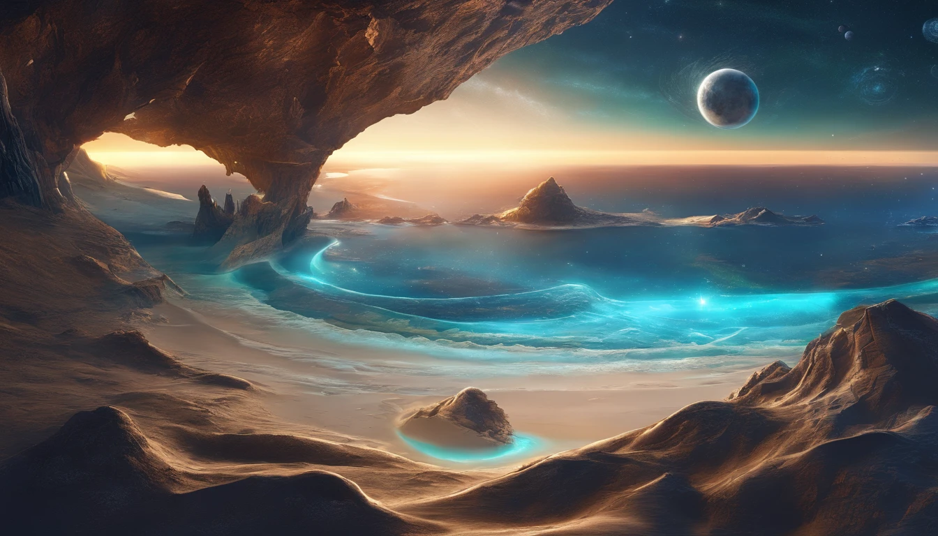 huge planet, the night, starrysky, surrealism, masutepiece, hight resolution、Impressive Milky Way:1.9、sand beach、Vast blue ocean、Blue glacier、lightning bolt:1.9、Protoplanets