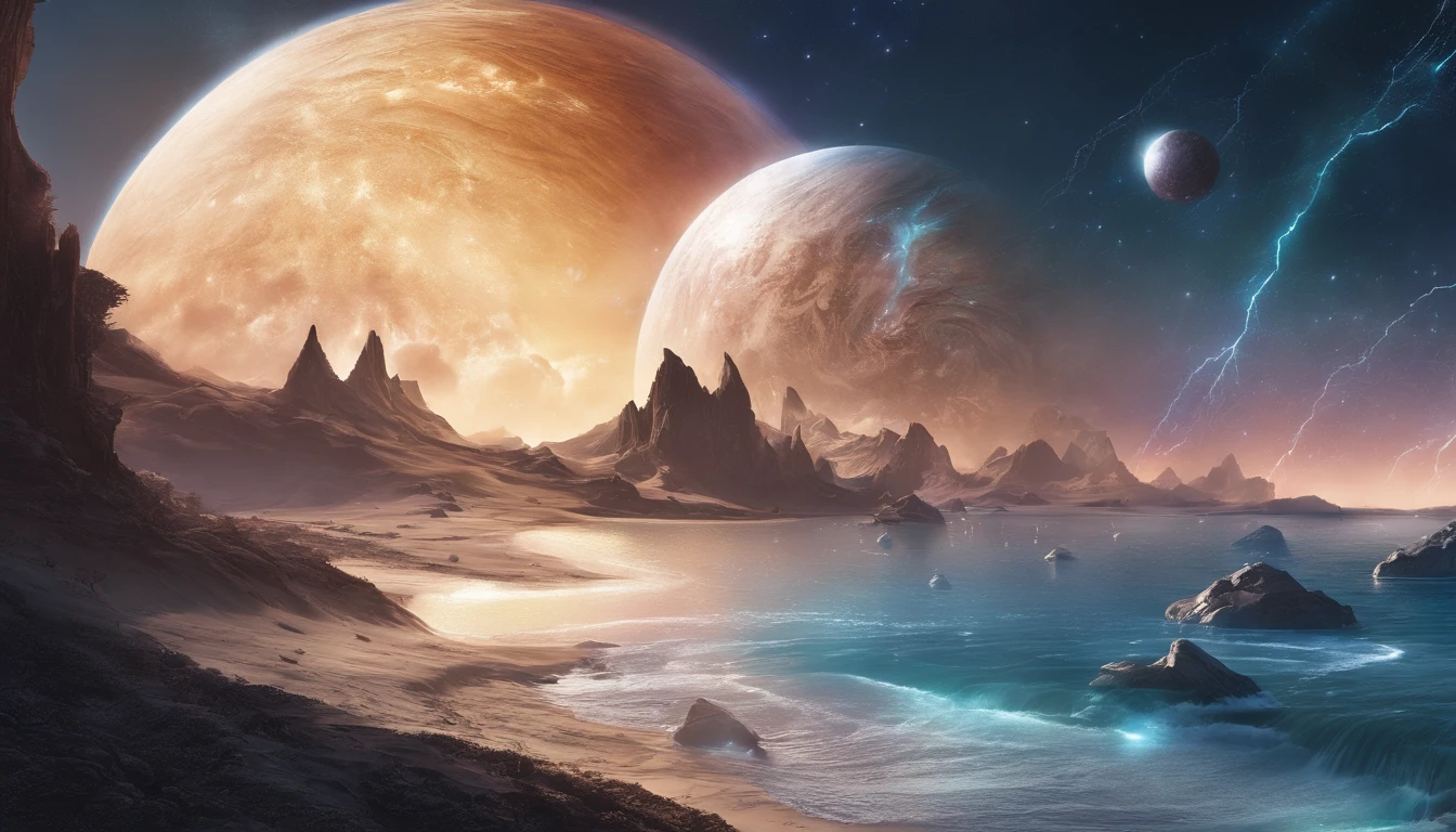 huge planet, the night, starrysky, surrealism, masutepiece, hight resolution、Impressive Milky Way:1.9、sand beach、Vast blue ocean、Blue glacier、lightning bolt:1.9、Protoplanets