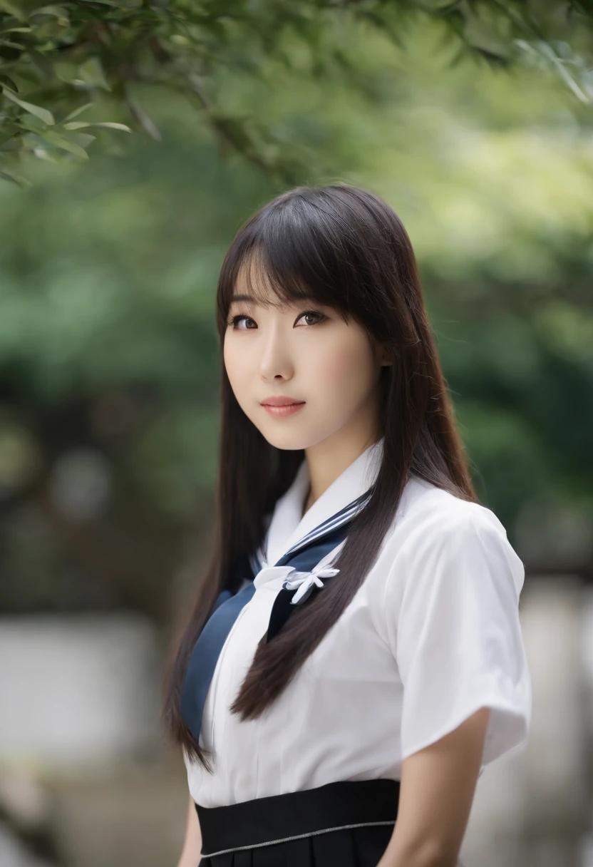Japanese schoolgirl in Japanese high school uniform, Sexy girl with blue eyes, portrait Yua Mikami, portrait Yui Hatano, black hair and large eyes, , ohne Make-up, Natural makeup, Blick direkt in die Kamera, Gesicht mit Artgram, dezentes Make-up, Stunning full body shot, Tokyo, Japan