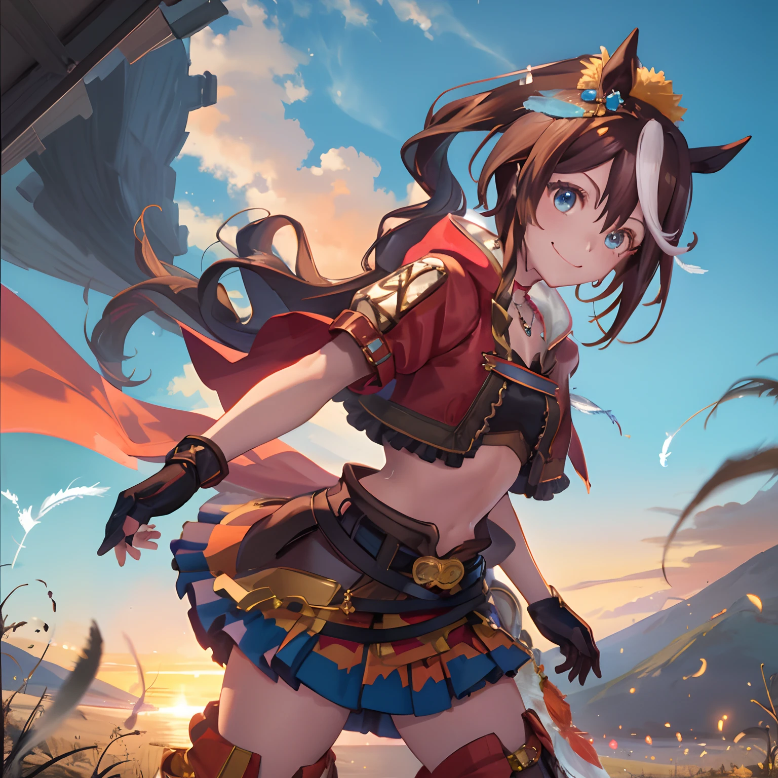 ((masterpiece, best quality)),1girl,Tokai Teio,Tokai Teio(horizon),horse ears,horse girl,brown hair,long hair,high ponytail,streaked_hair,multicolored_hair,blue eyes,jacket,cropped jacket,crop top,midriff,fingerless gloves,short sleeves,navel,skirt,belt,cape,jewelry,frills,hair ornament,hood down,necklace,thighhighs,boots,official_alternate_costume ,smile,victory pose,burning feathers, fire, dusk, sunset, outdoors,