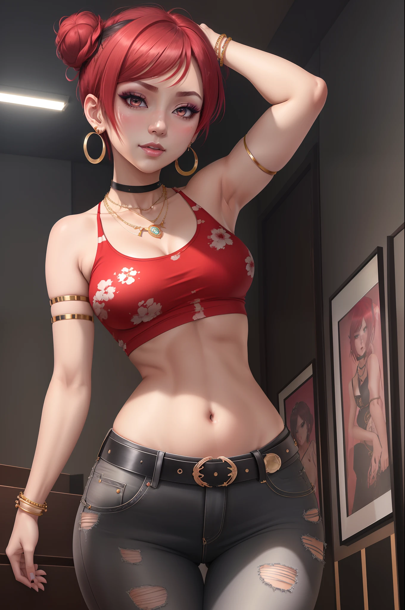 (masterpiece), (best quality), nishikino maki, short hair, hair bun, perfect lighting, stylish, single bare shoulder shirt long, music band print, jewelry, necklace, earrings, armlets, lacey choker, belt, low cut black jeans, thick eyelashes, makeup, eyeshadow, sexy, curvy body,(navel:1.3) embarrassed,red face