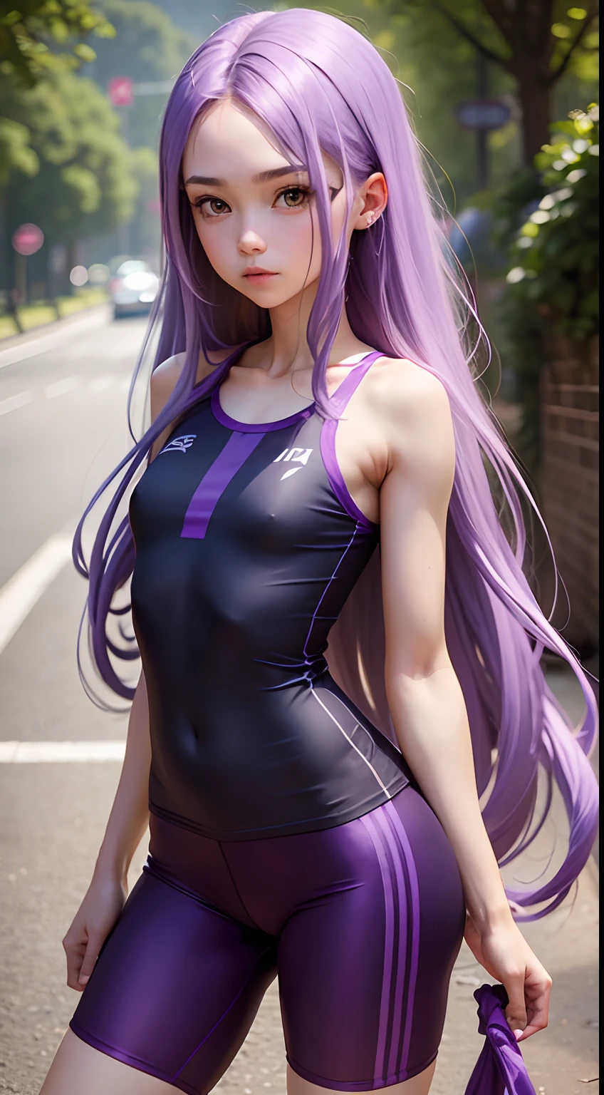 Girl with long purple hair, Slim, cuteface, little chest, Full-length, in long cycling shorts and a sports top