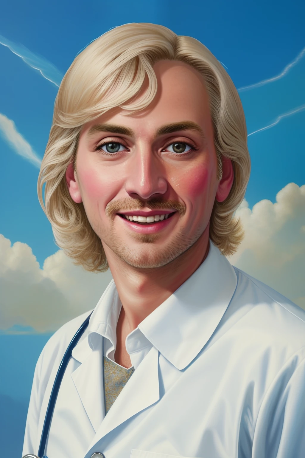 Man doctor, wear blouse, a painting of a woman, closeup,smiling, blonde hair, blue sky, wholesome