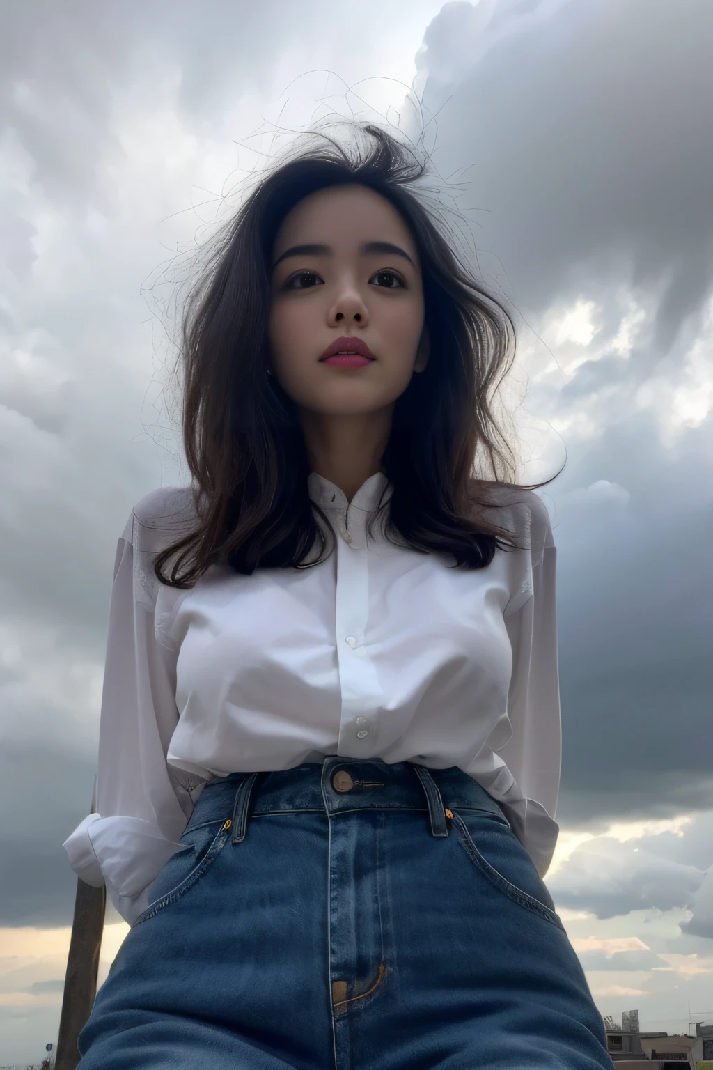 (Best Quality,in 8K,超A high resolution:1.2),(cute Japanese girls:1.5),(Huge breasts:1.25),(white  shirt,Sky Blue Pants),(Glamorous),(perfect anatomia、Perfect limbs),Beautiful to the knees、Toned waist、daily life、Swaying hair、Black eyes、(Thick cloudy sky、heavy wind、stormy、thunderstorm)、Tutankhamen、August、((I went to Egypt、Pyramids、Arab storm))、Piece of art、