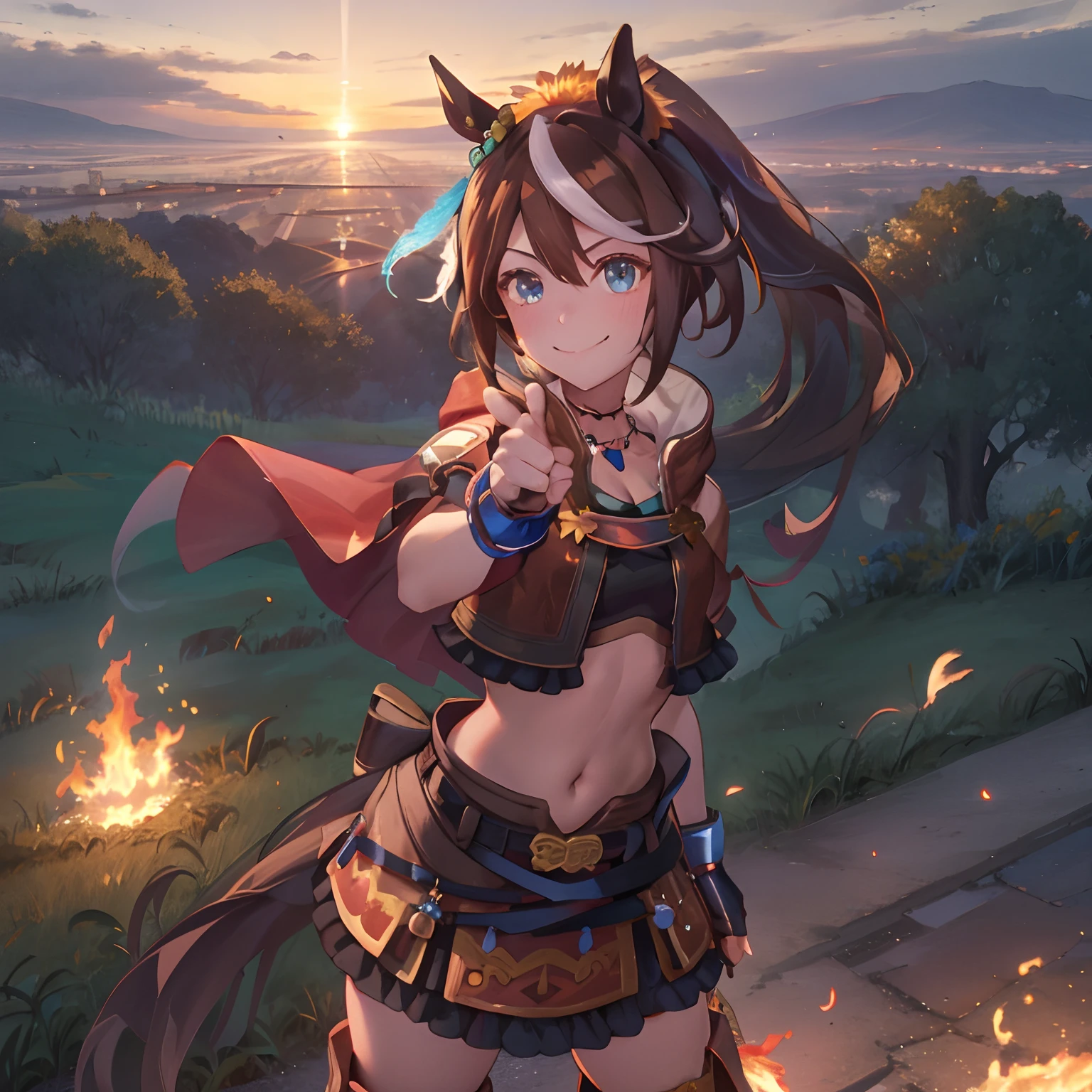 ((masterpiece, best quality)),1girl,Tokai Teio,Tokai Teio(horizon),horse ears,horse girl,brown hair,long hair,high ponytail,streaked_hair,multicolored_hair,blue eyes,jacket,cropped jacket,crop top,midriff,fingerless gloves,short sleeves,navel,skirt,belt,cape,jewelry,frills,hair ornament,hood down,necklace,thighhighs,boots,official_alternate_costume ,smile,victory pose,burning feathers, fire, dusk, sunset, outdoors,