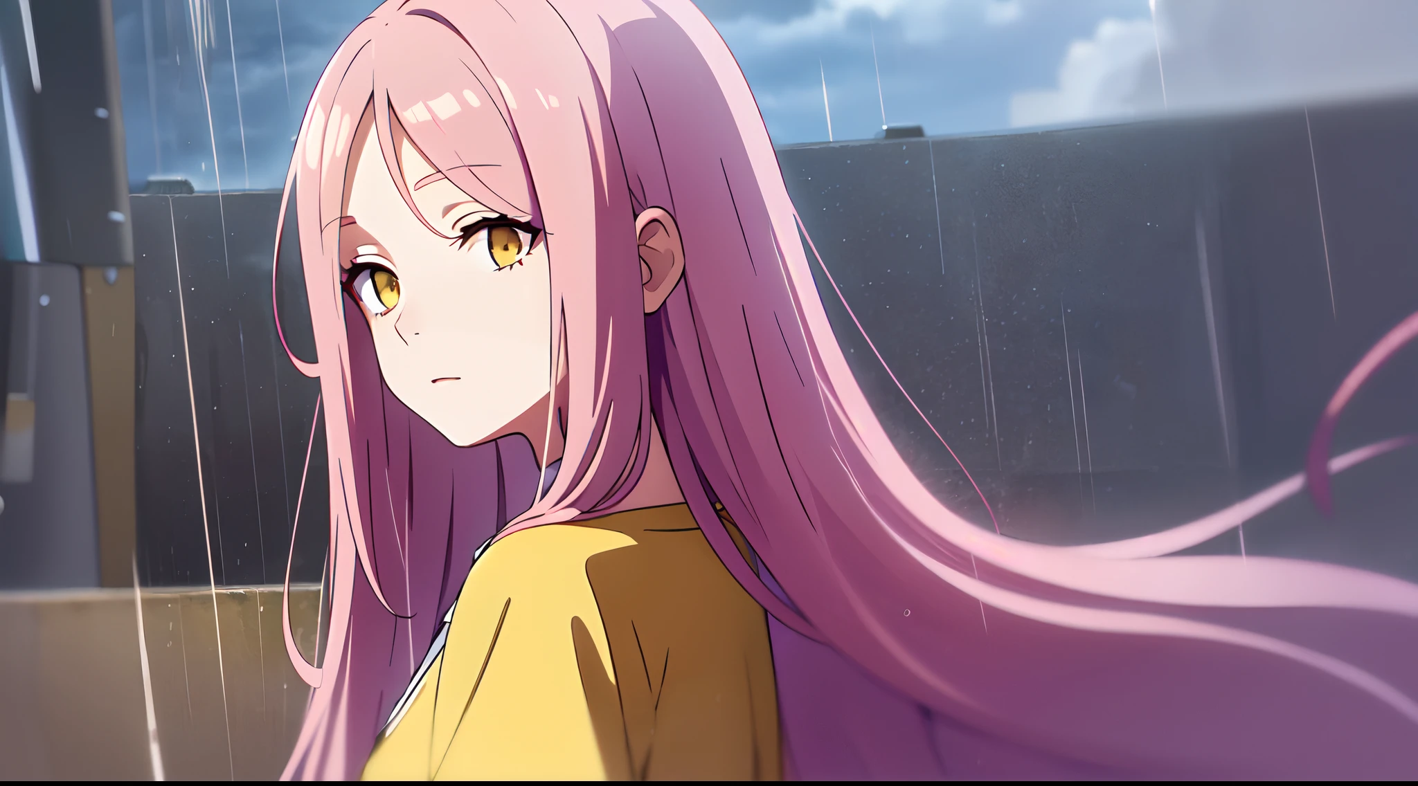 masterpiece, best quality, 1girl, solo, long pink hair, parted bangs, forehead, with yellow eyes, collared red shirt, sky, close up, rain