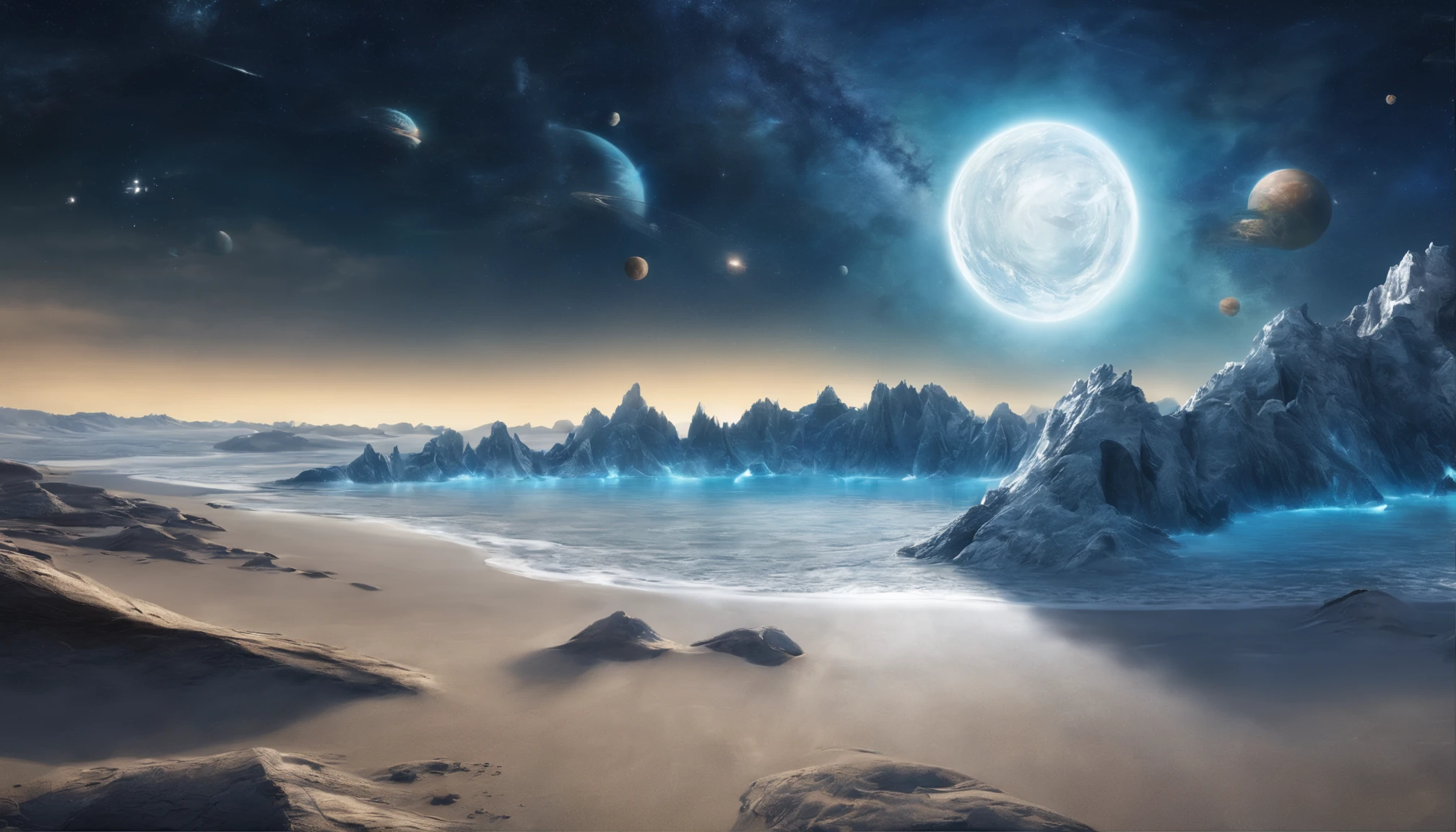 huge planet, the night, starrysky, surrealism, masutepiece, hight resolution、Impressive Milky Way:1.9、sand beach、Vast blue ocean、Blue glacier、lightning bolt:1.9、Protoplanets