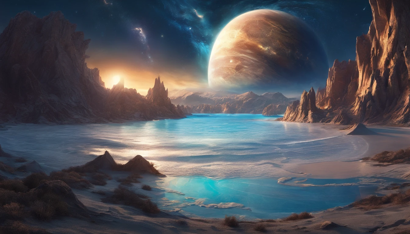 huge planet, the night, starrysky, surrealism, masutepiece, hight resolution、Impressive Milky Way:1.9、sand beach、Vast blue ocean、Blue glacier、lightning bolt:1.9、Protoplanets