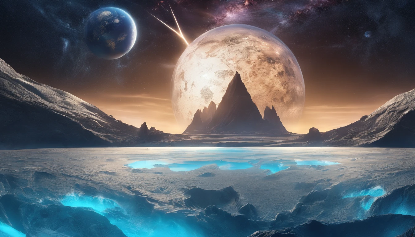 huge planet, the night, starrysky, surrealism, masutepiece, hight resolution、Impressive Milky Way:1.9、sand beach、Vast blue ocean、Blue glacier、lightning bolt:1.9、Protoplanets