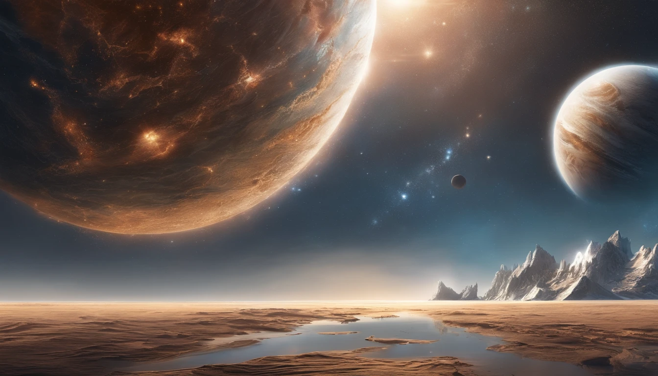 huge planet, the night, starrysky, surrealism, masutepiece, hight resolution、Impressive Milky Way:1.9、sand beach、Vast blue ocean、Blue glacier、lightning bolt:1.9、Protoplanets