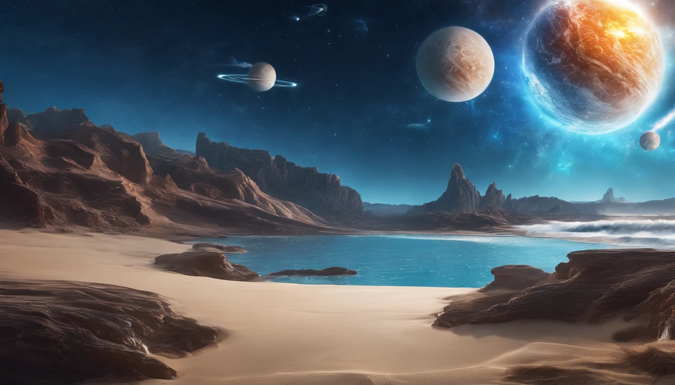 huge planet, the night, starrysky, surrealism, masutepiece, hight resolution、Impressive Milky Way:1.9、sand beach、Vast blue ocean、Blue glacier、lightning bolt:1.9、Protoplanets